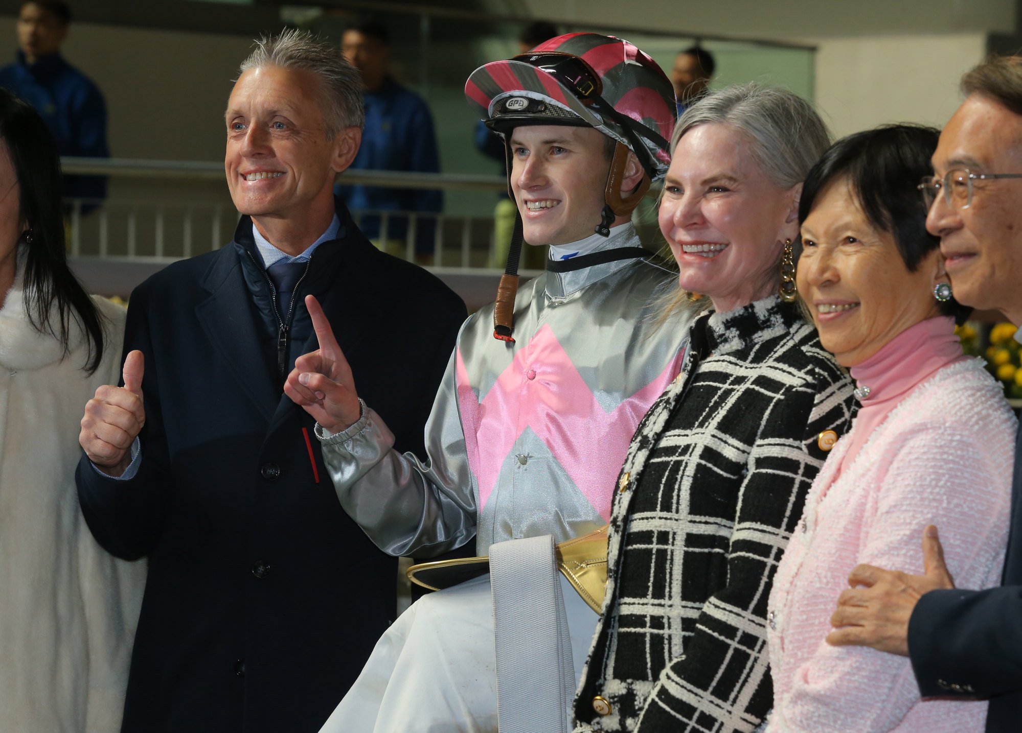 Trainer Mark Newnham (left), jockey Luke Ferraris and connections celebrate Mojave Desert’s win.