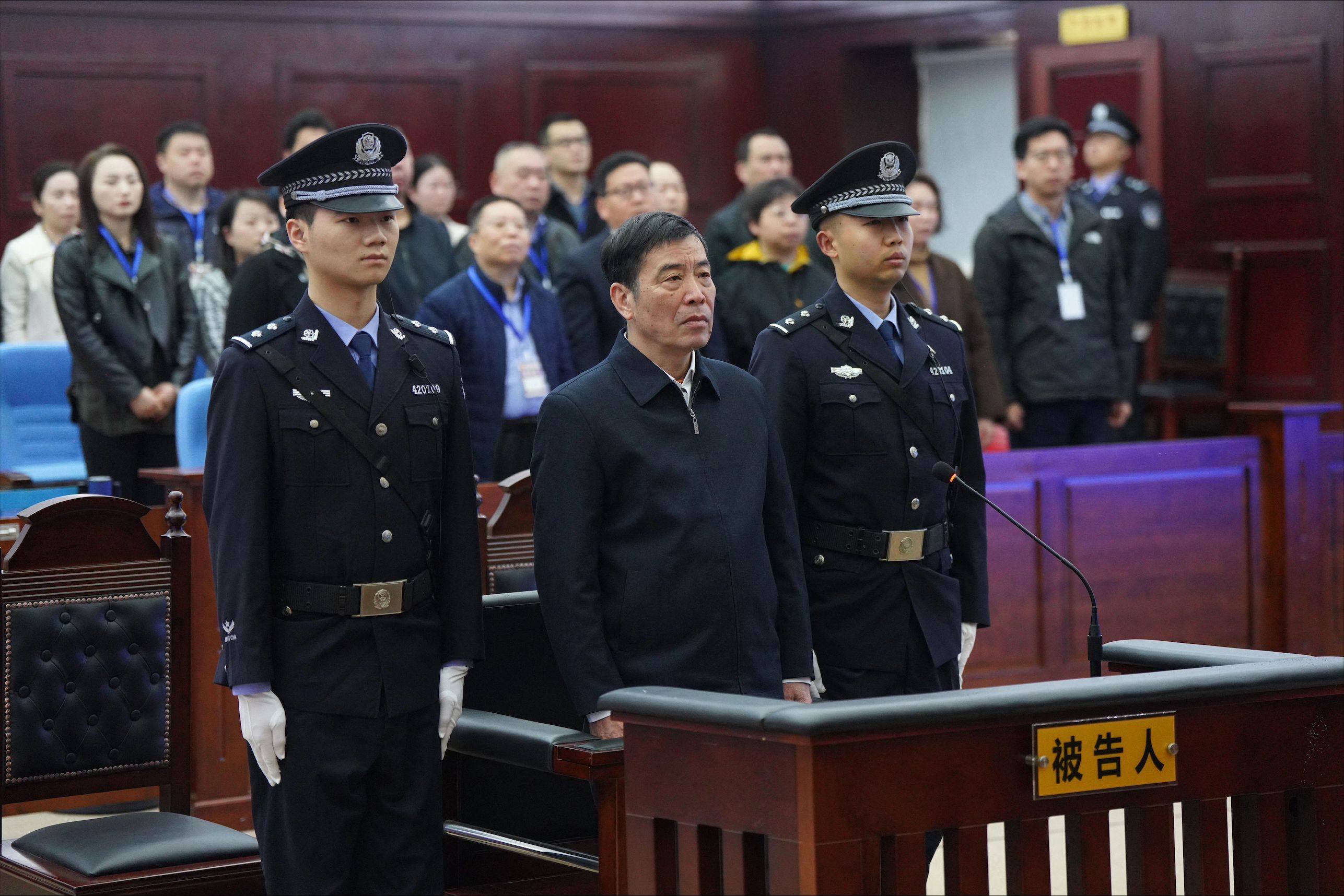 Chen Xuyuan (centre), former chairman of the Chinese Football Association, during his trial at the Huangshi Intermediate People’s Court in March. He was sentenced to life in prison for accepting bribes worth US$11 million. Photo: AFP