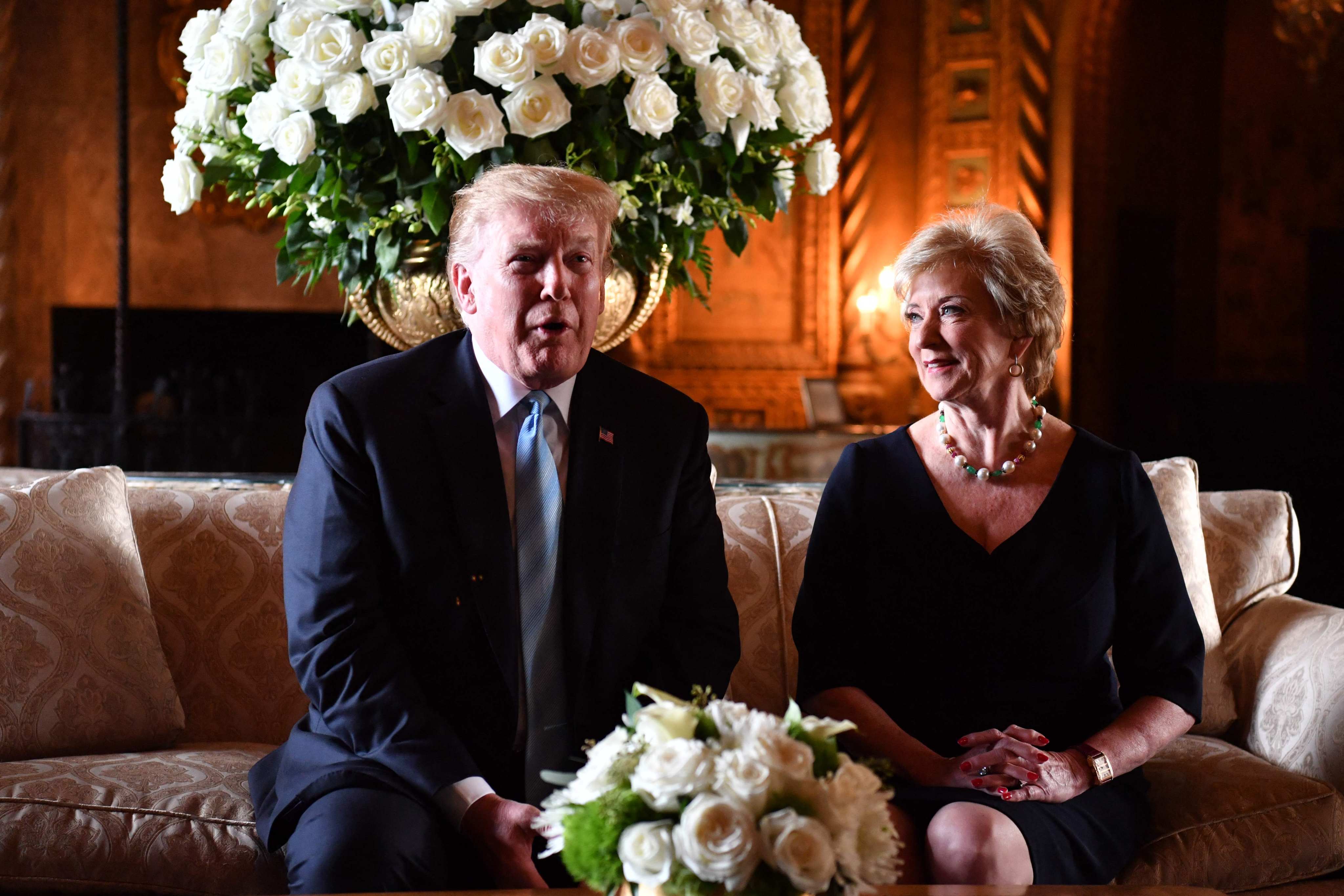 On March 29, 2019, US president Donald Trump speaks at a press conference with Linda McMahon, head of Small Business Administration and co-founder of World Wrestling Entertainment. Trump has nominated McMahon as education secretary.  Photo: AFP