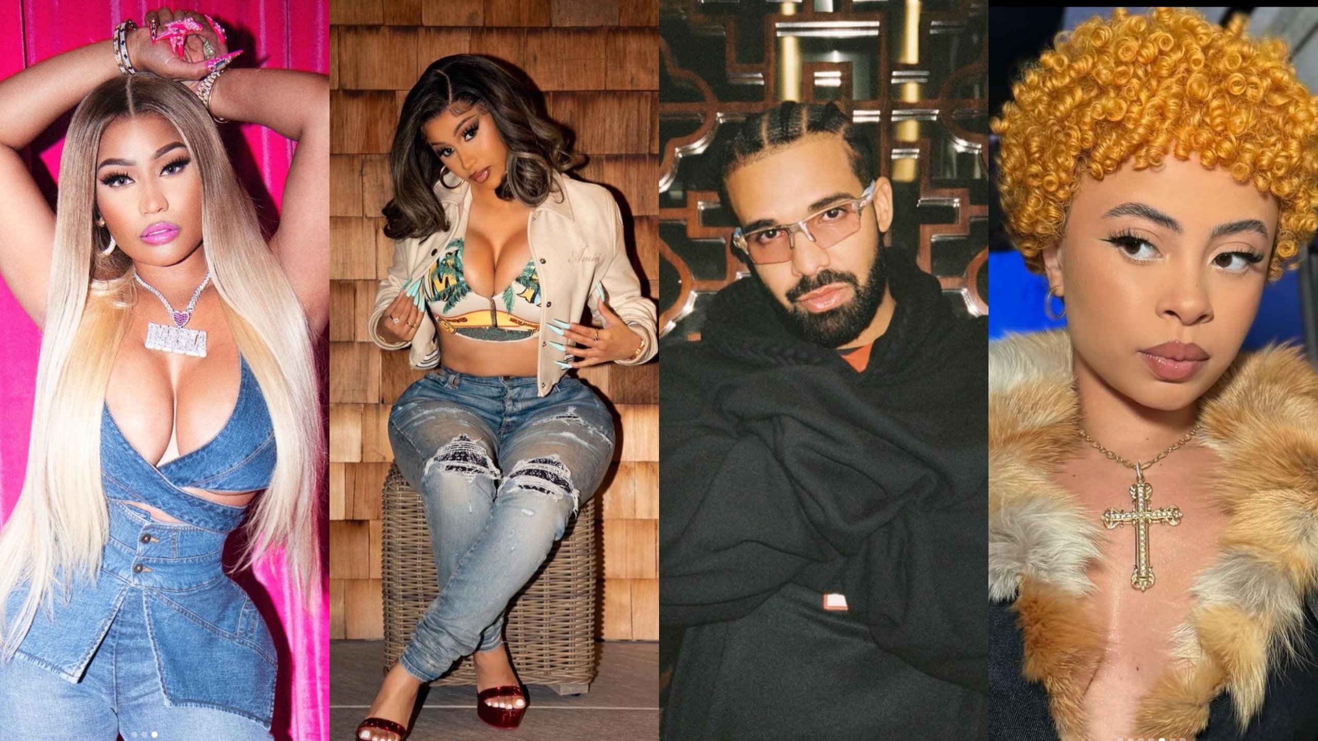 Nicki Minaj (left), Cardi B, Drake, Ice Spice (right). Photo: @nickiminaj, @cardib, @champagnepapi, @icespice/Instagram
