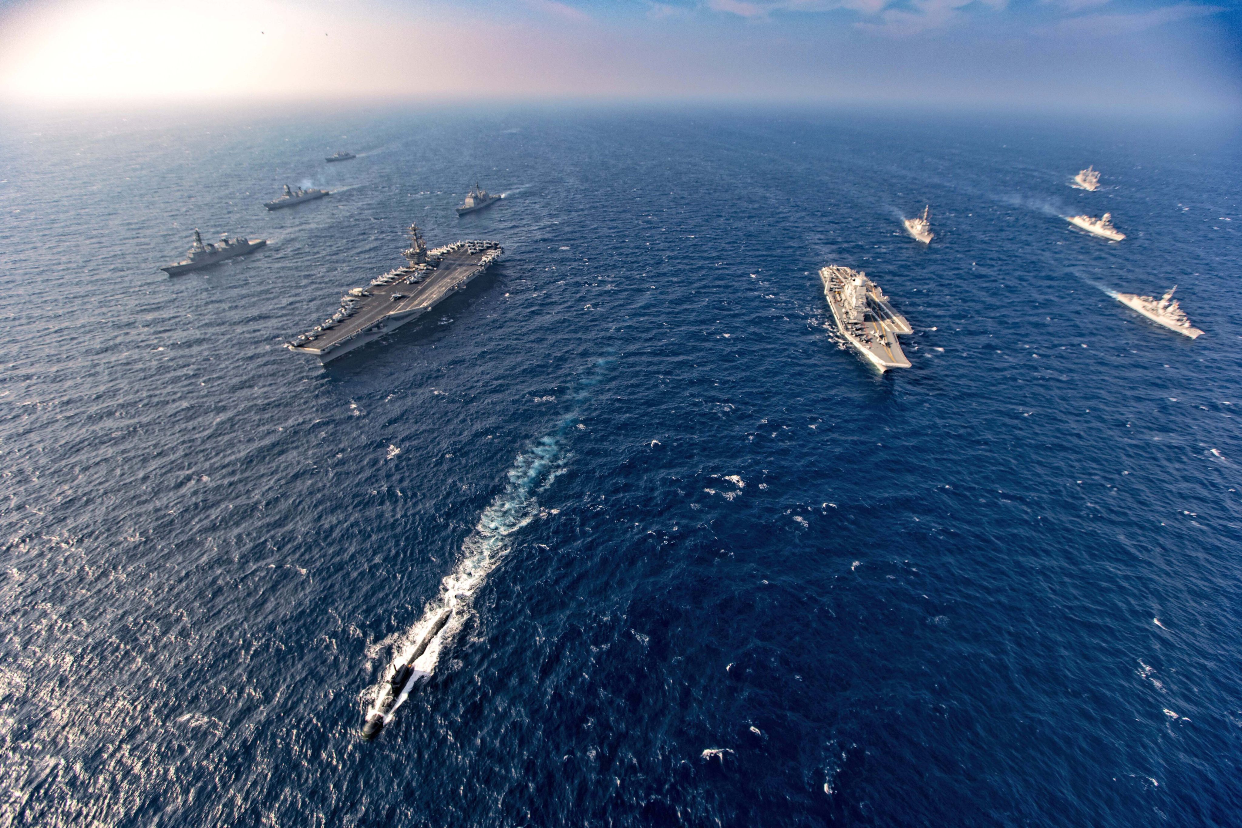 Aircraft carriers and warships participate in the second phase of Malabar naval exercise, a joint exercise comprising India, US, Japan and Australia, in the Northern Arabian Sea in November 2020. Photo: Indian Navy/AP