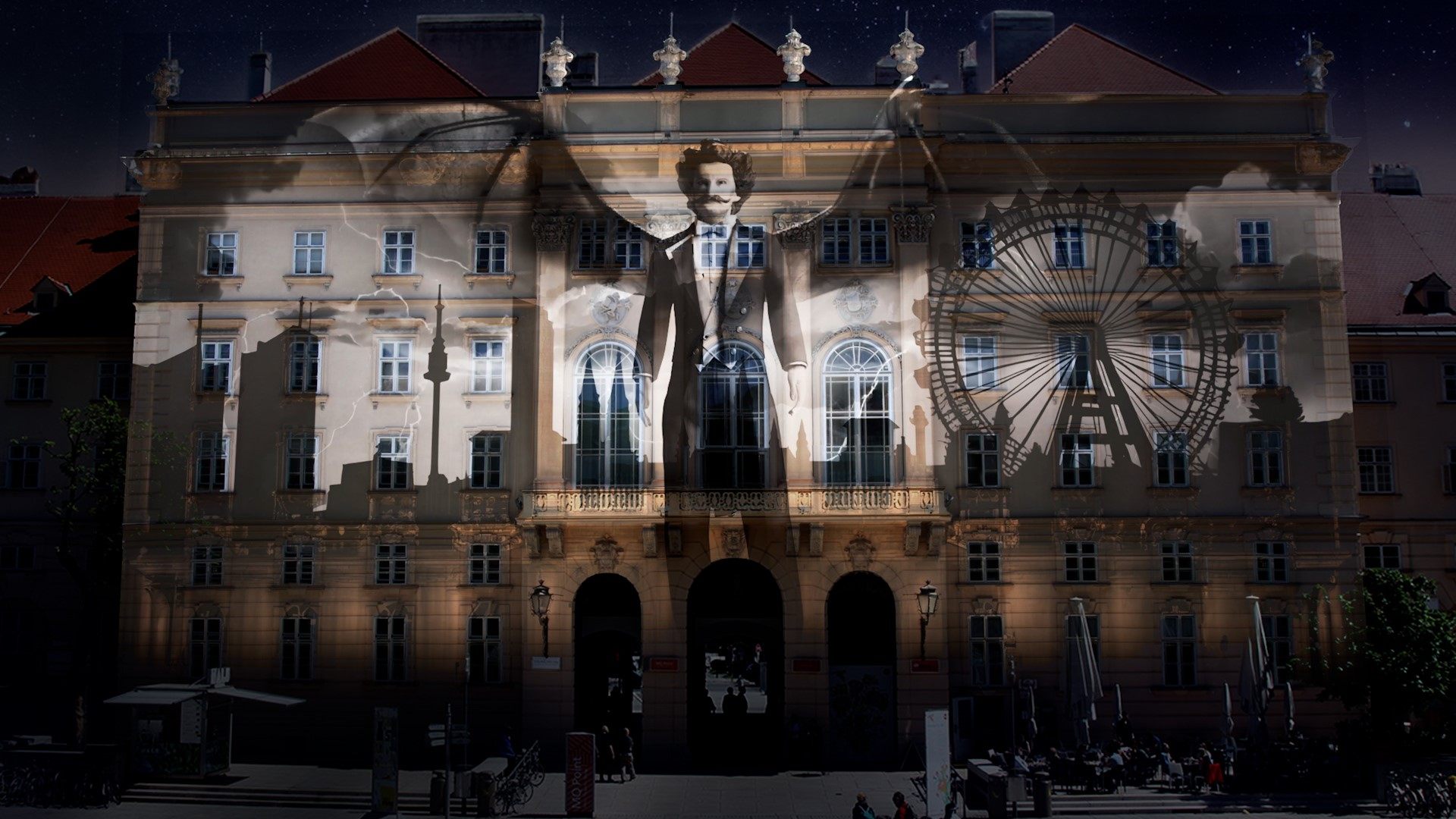 An homage to “Die Fledermaus” will be projected onto building facades in Vienna’s MuseumsQuartier in April 2025. Photo: Modulux