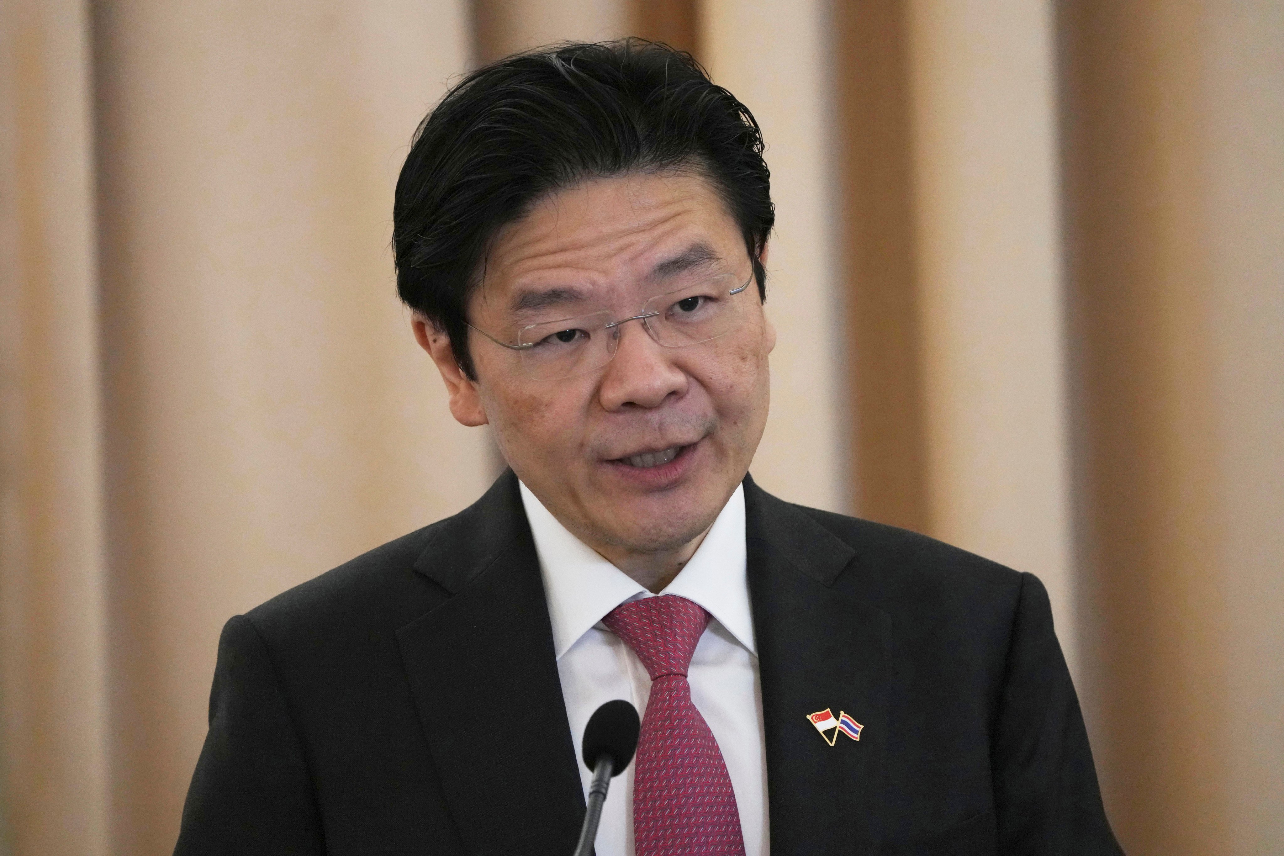 Singapore’s Prime Minister Lawrence Wong speaks to the media during a joint press conference at the government house in Bangkok, Thailand on November 28. Photo: AP