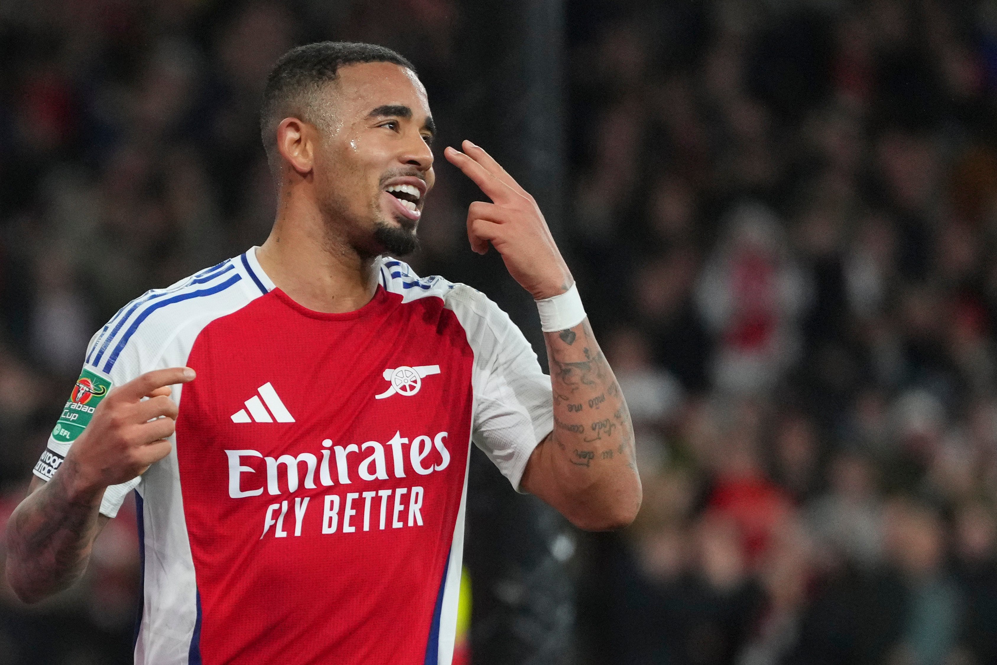 Arsenal’s Gabriel Jesus, celebrates after completing his hat-trick against Crystal Palace at the Emirates Stadium. Photo: AP