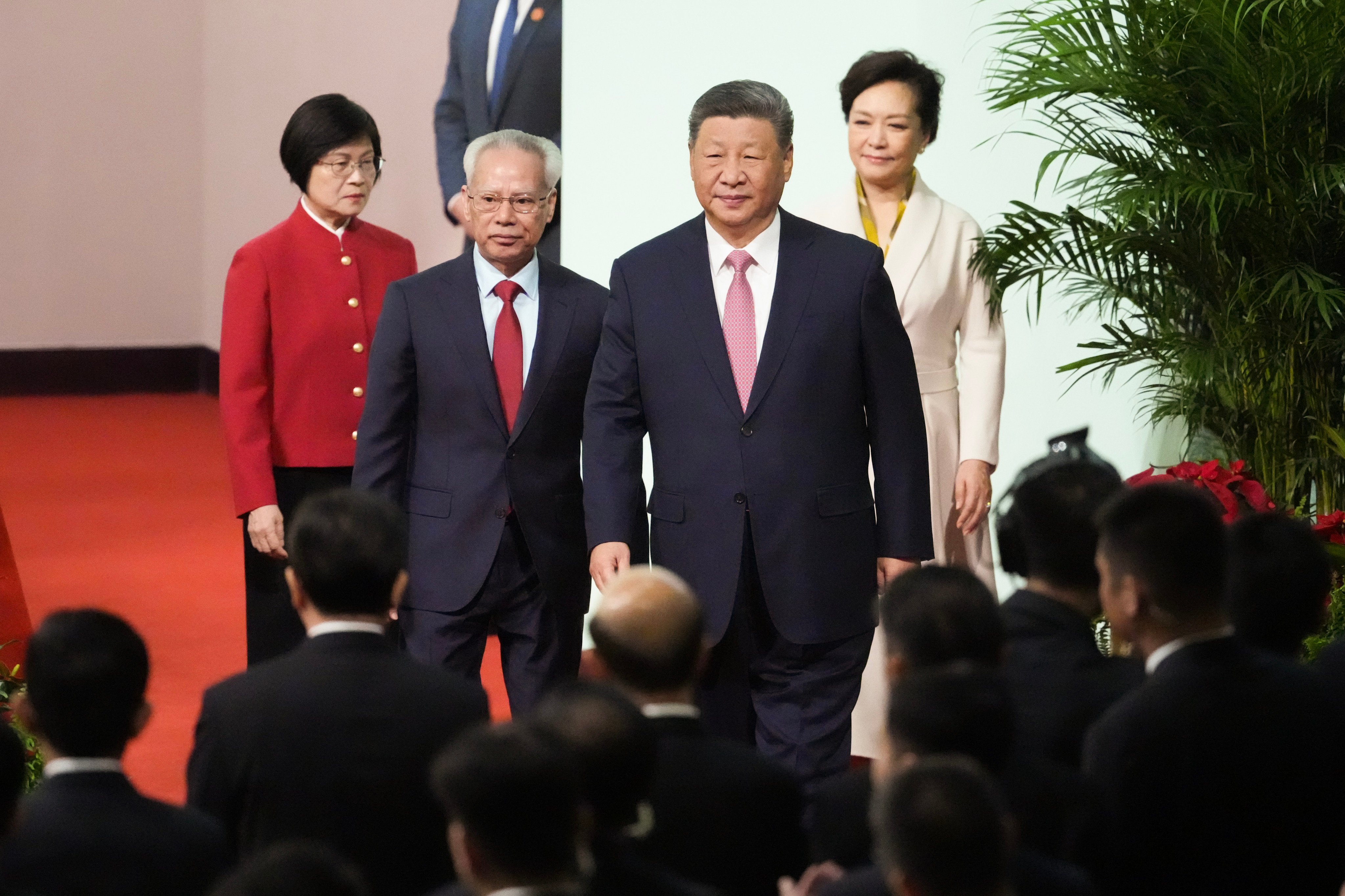 Chinese President Xi Jinping (front right), Macau Chief Executive Sam Hou-fai (front left) and first lady Peng Liyuan (back right) at the inauguration ceremony in Macau. Photo: Eugene Lee