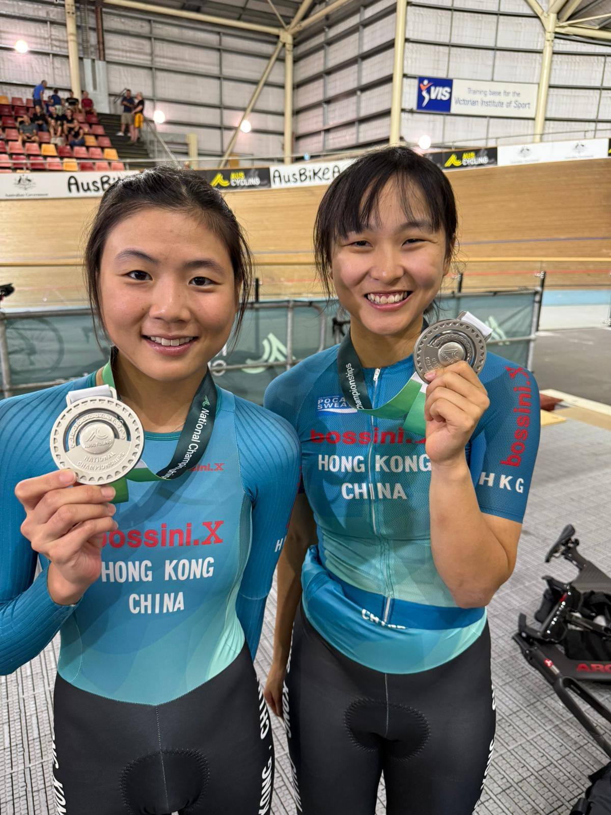 Ceci Lee and Chloe Leung with their silver medals from the AusCycling National Madison Championships. Photo: Cycling Association of Hong Kong