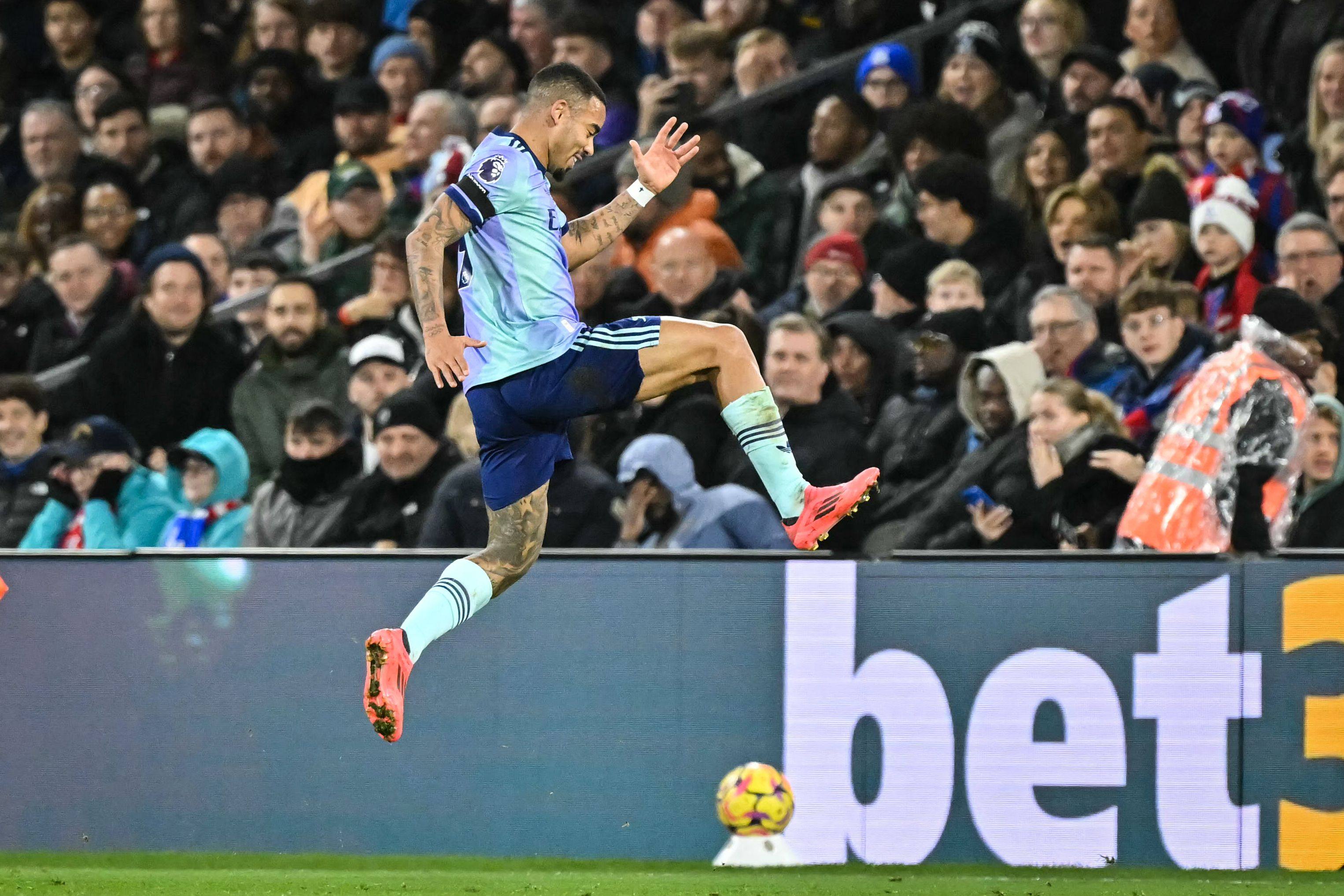 Gabriel Jesus celebrates after scoring Arsenal’s second against Crystal Palace. Photo: AFP