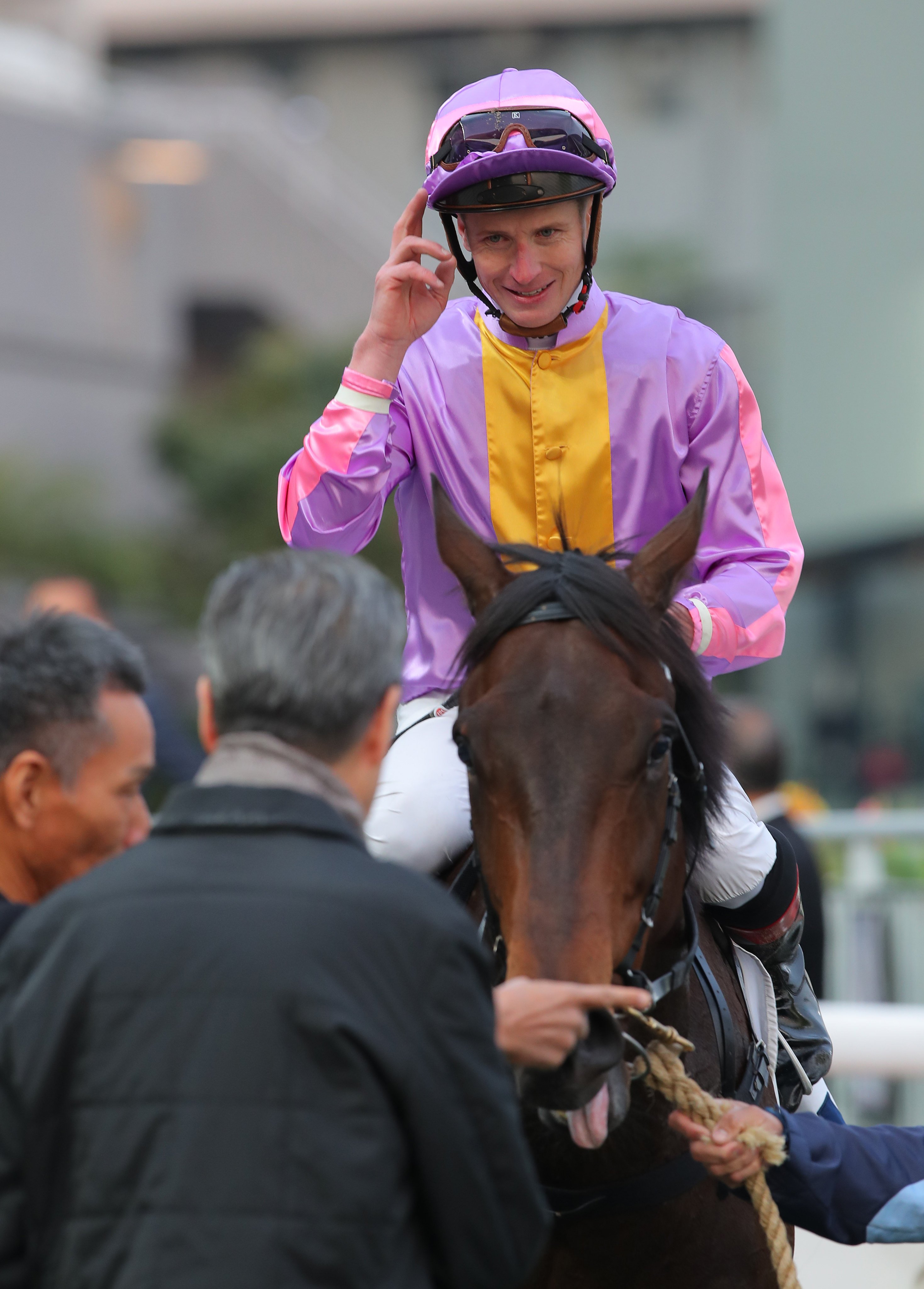 A satisfied James McDonald celebrates his four-timer. Photo: Kenneth Chan