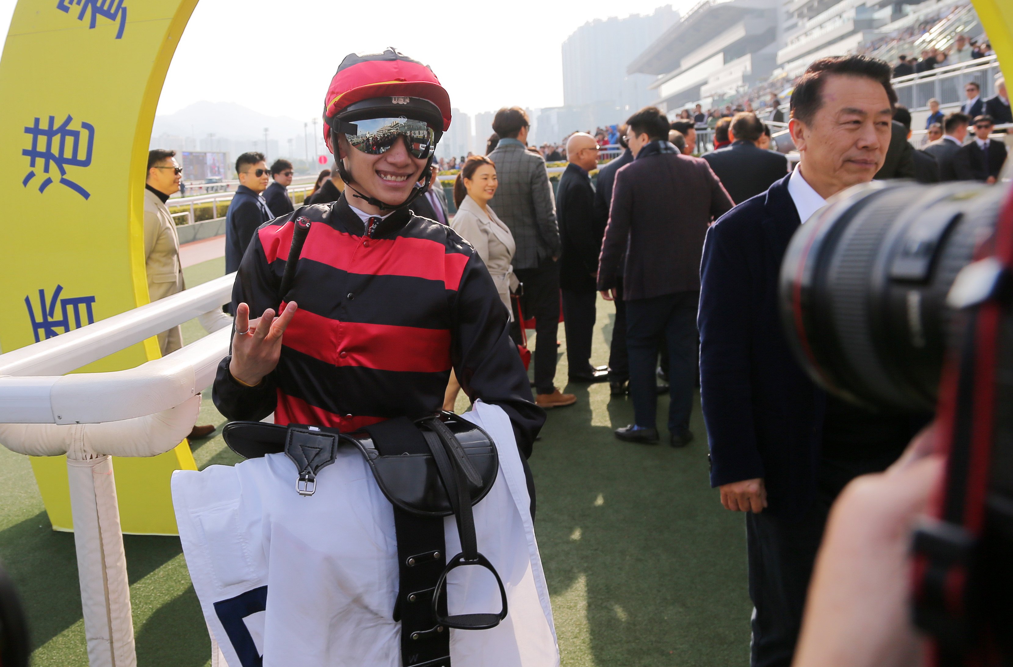 Jerry Chau celebrates his monster treble at Sha Tin. Photos: Kenneth Chan