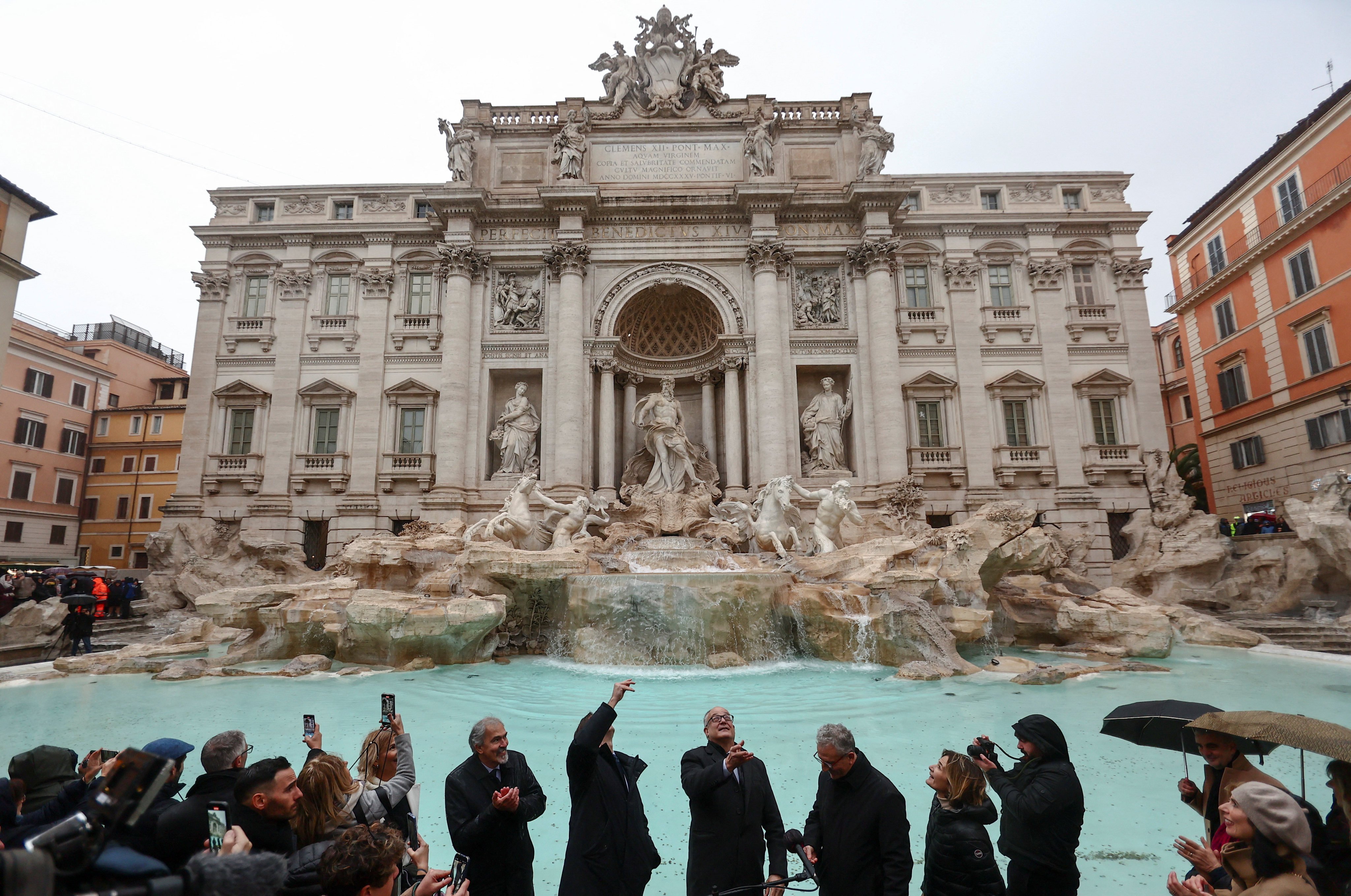 The Trevi Fountain reopens to the public after maintenance work, in Rome, Italy on Sunday. Photo: Reuters