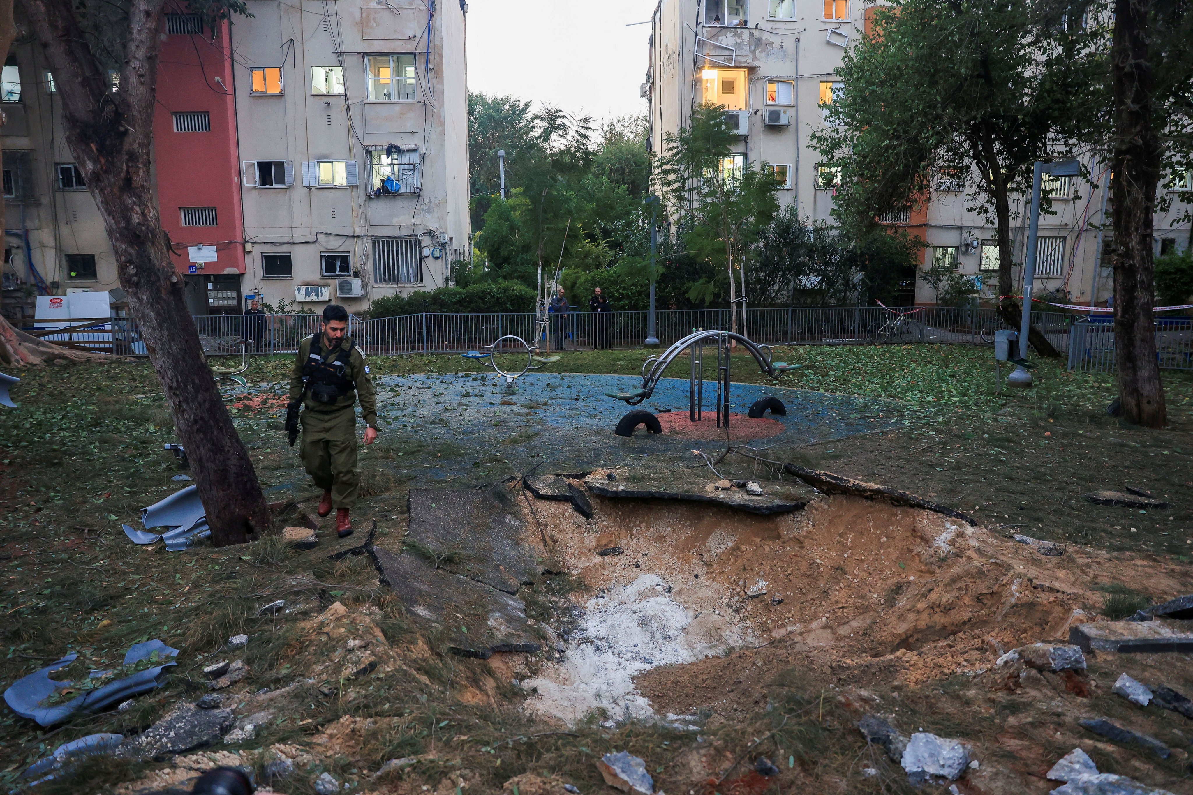 The scene of a missile strike that, according to Israel’s military, was launched from Yemen and landed in Jaffa, south of Tel Aviv. Photo: Reuters