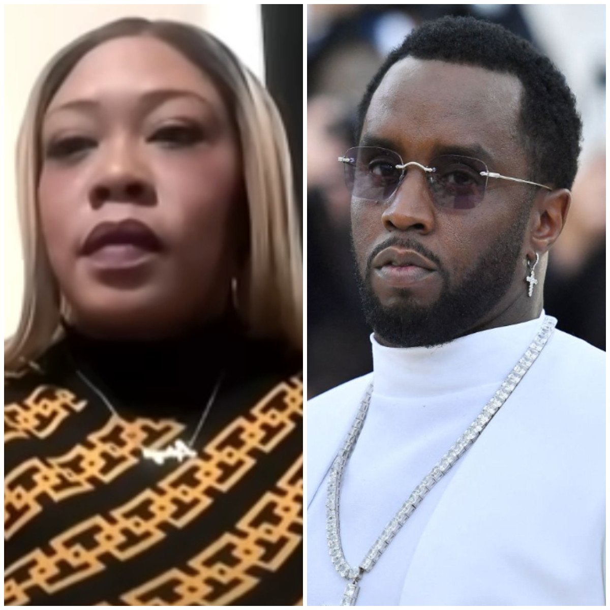 LaTroya Grayson alleges that she received a mysterious phone call soon after attending one of Sean “Diddy” Combs’ infamous parties. Photos: NewsNation/YouTube; AFP