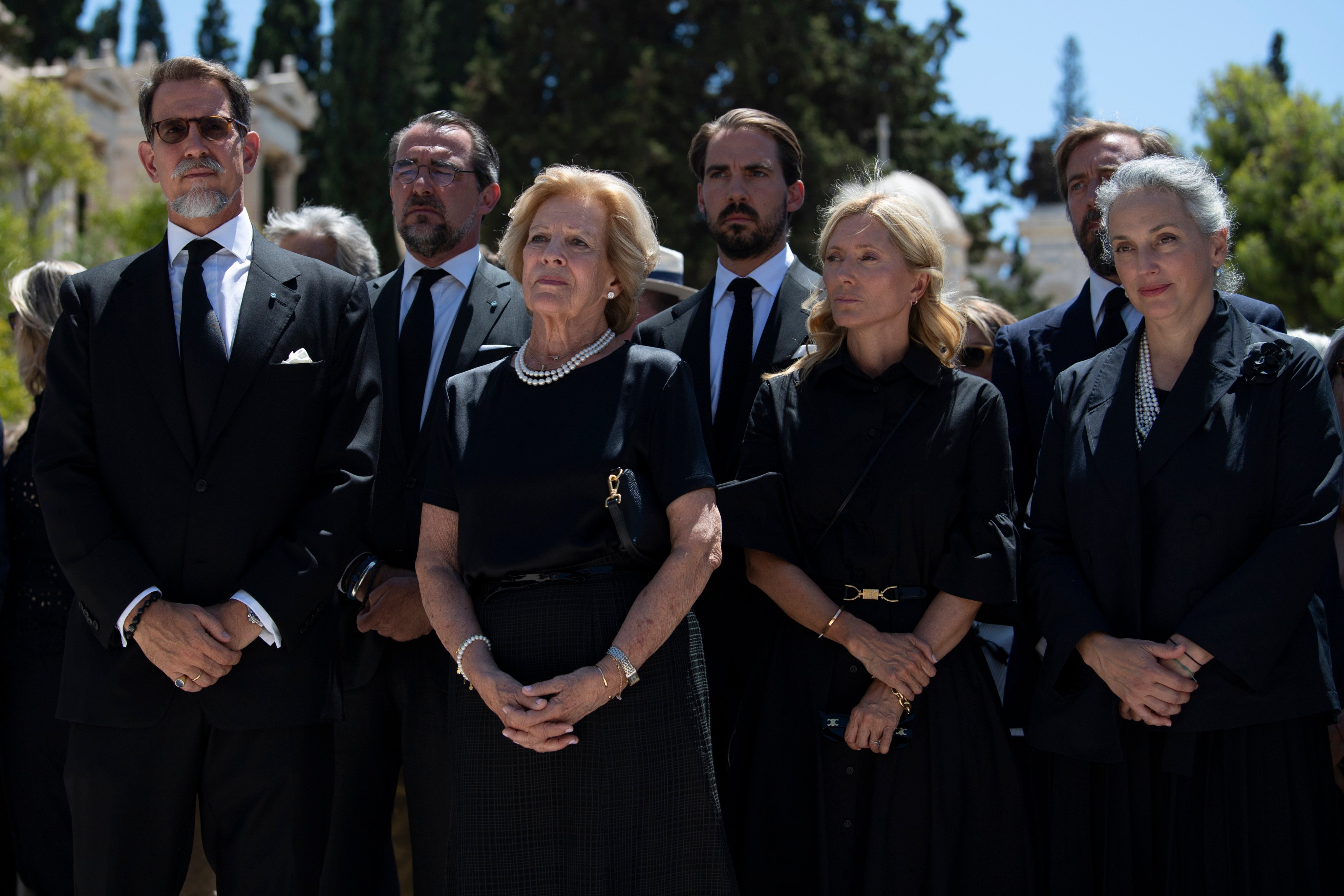 Members of the former Greek royal family attend the funeral of Michael, cousin of the late Prince Philip, Duke of Edinburgh, in Athens, Greece on August 1. Photo: AP 