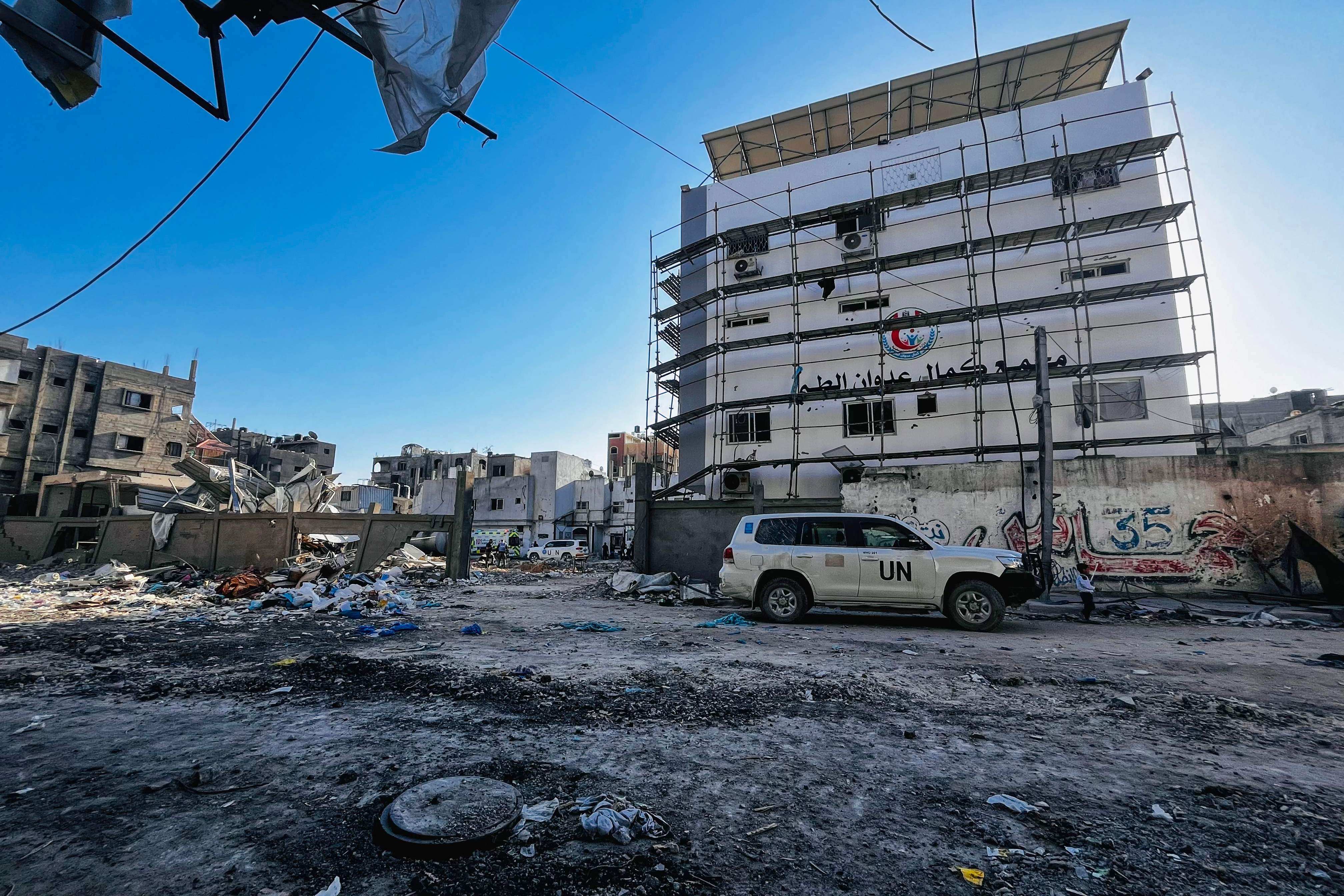 UN-branded vehicles are parked at the Kamal Adwan Hospital in the northern Gaza Strip. Photo: AFP