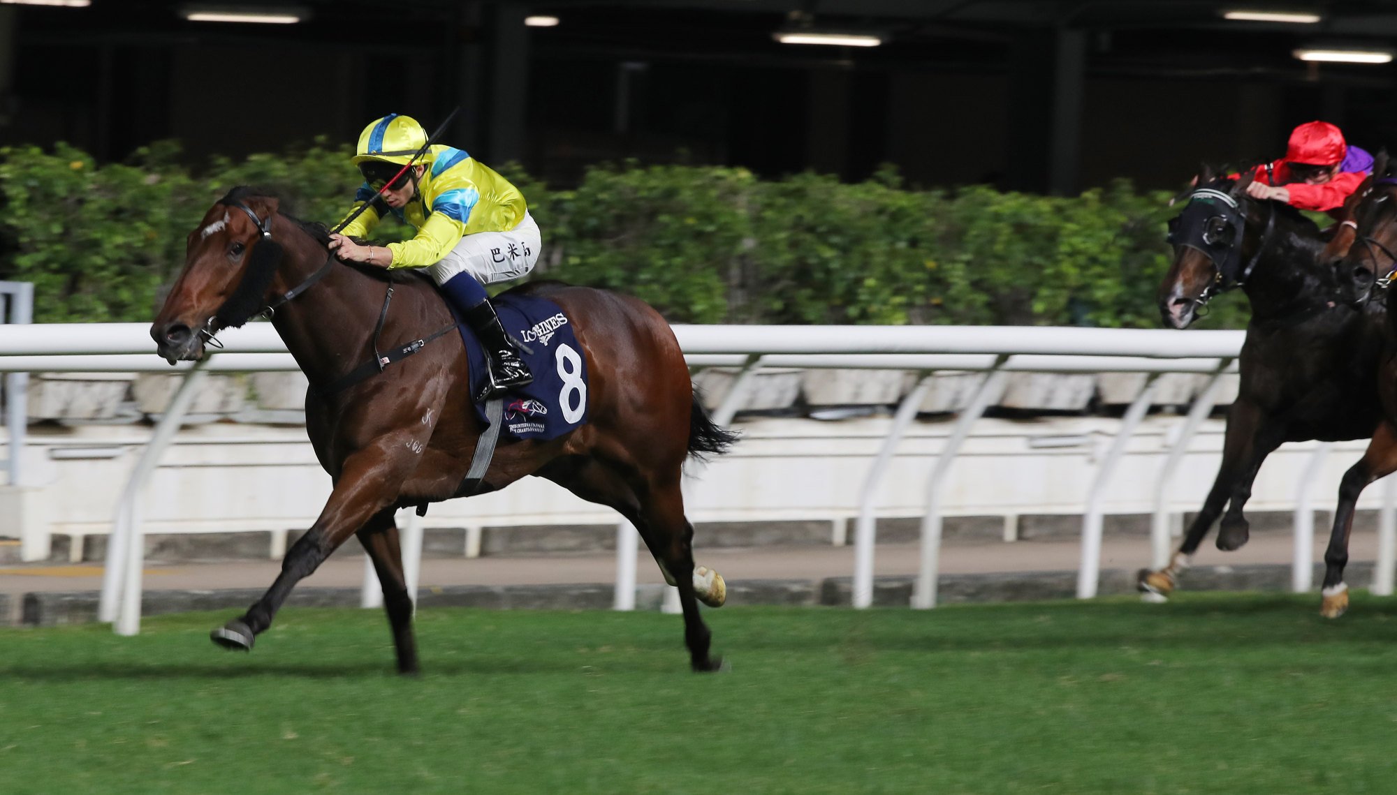 Aurora Lady kick clear of his rivals in the final leg of the International Jockeys’ Championship at Happy Valley on December 4.