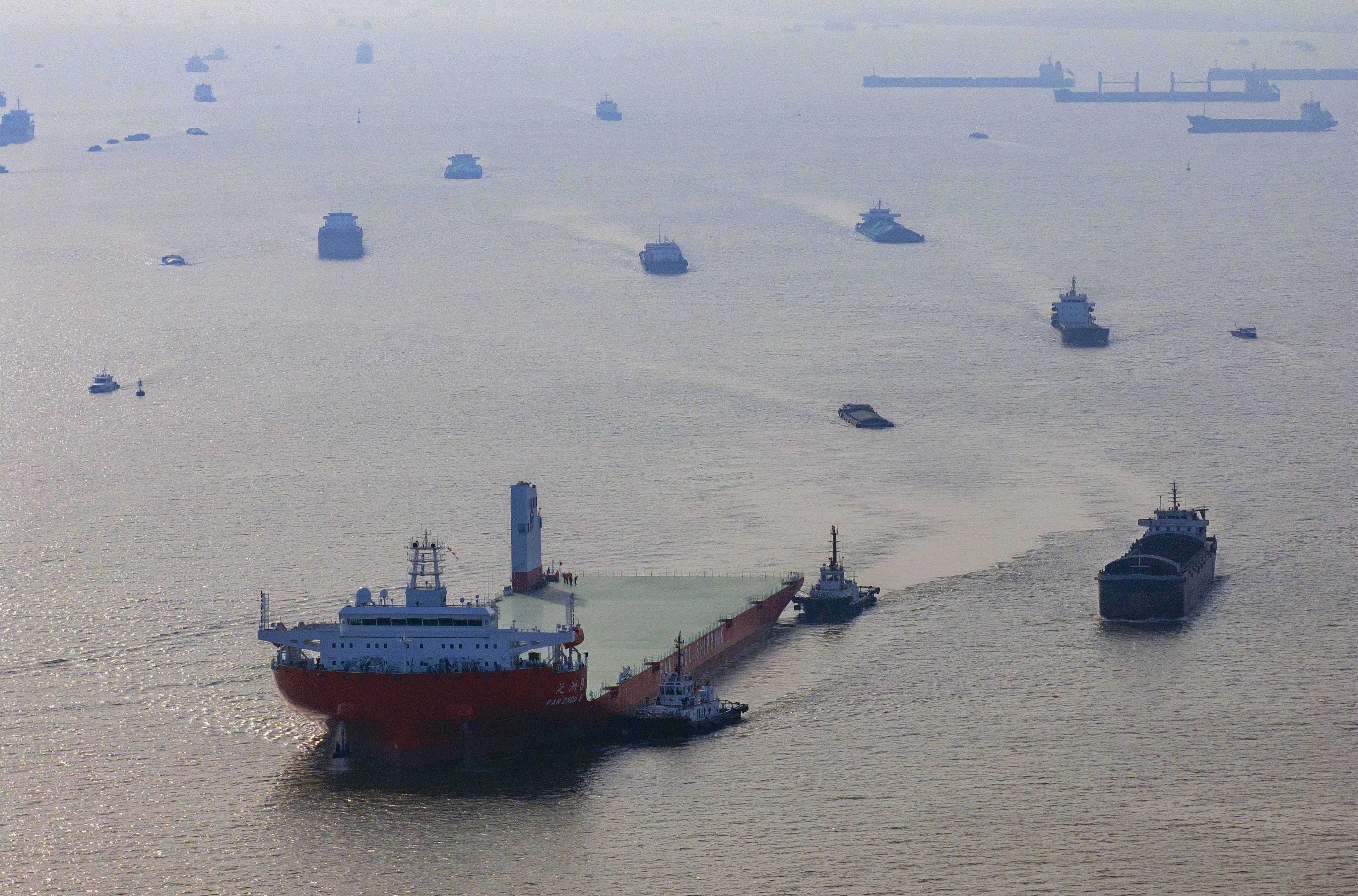 The China-made flat-top cargo ship Fan Zhou 8 during its five-day sea trial in the waters east of Shanghai. Photo: Xinhua