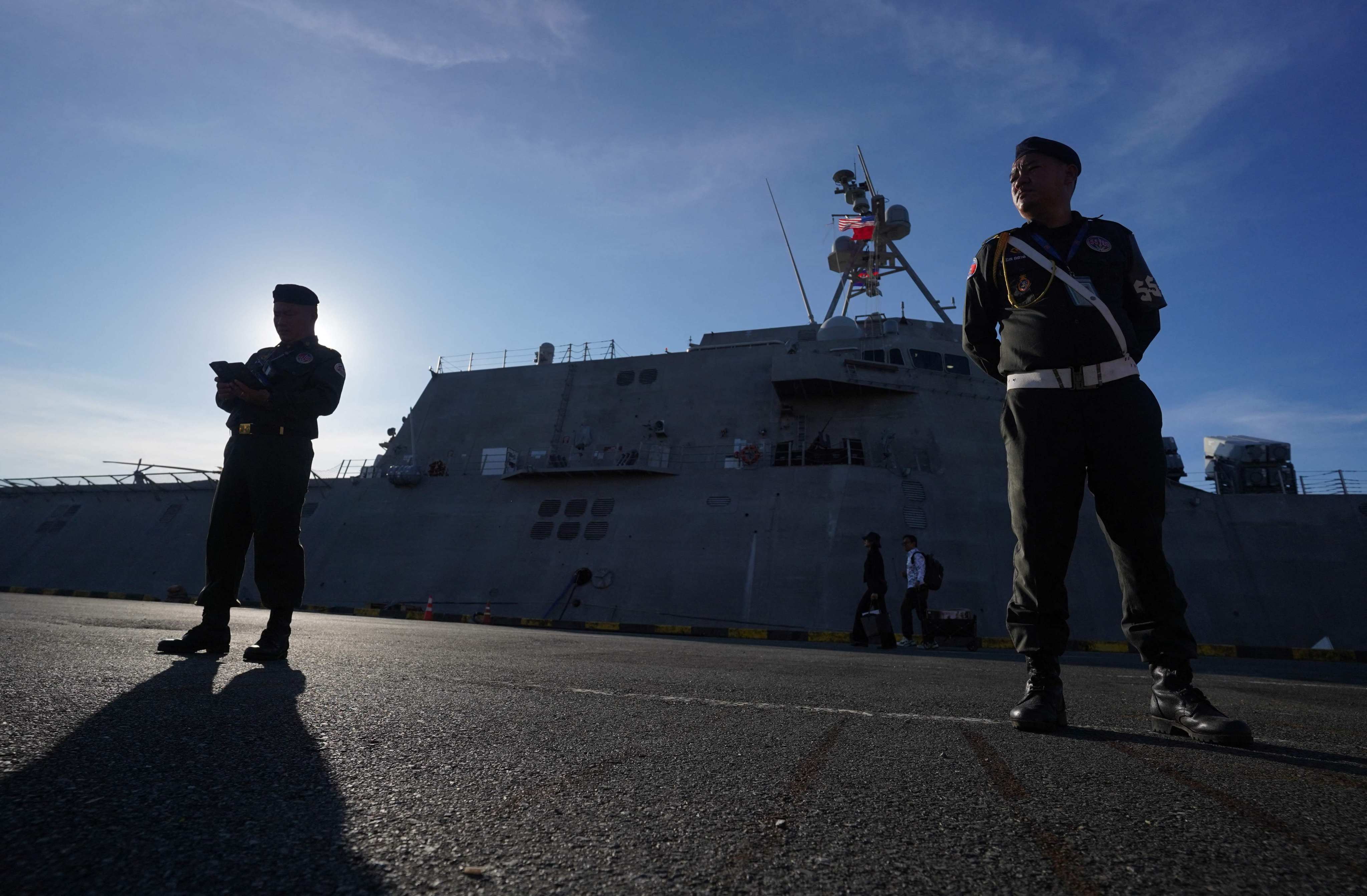 Cambodian military police stand in front of the USS Savannah combat ship at Cambodia’s southern port city of Sihanoukville on December 18. Photo: AFP