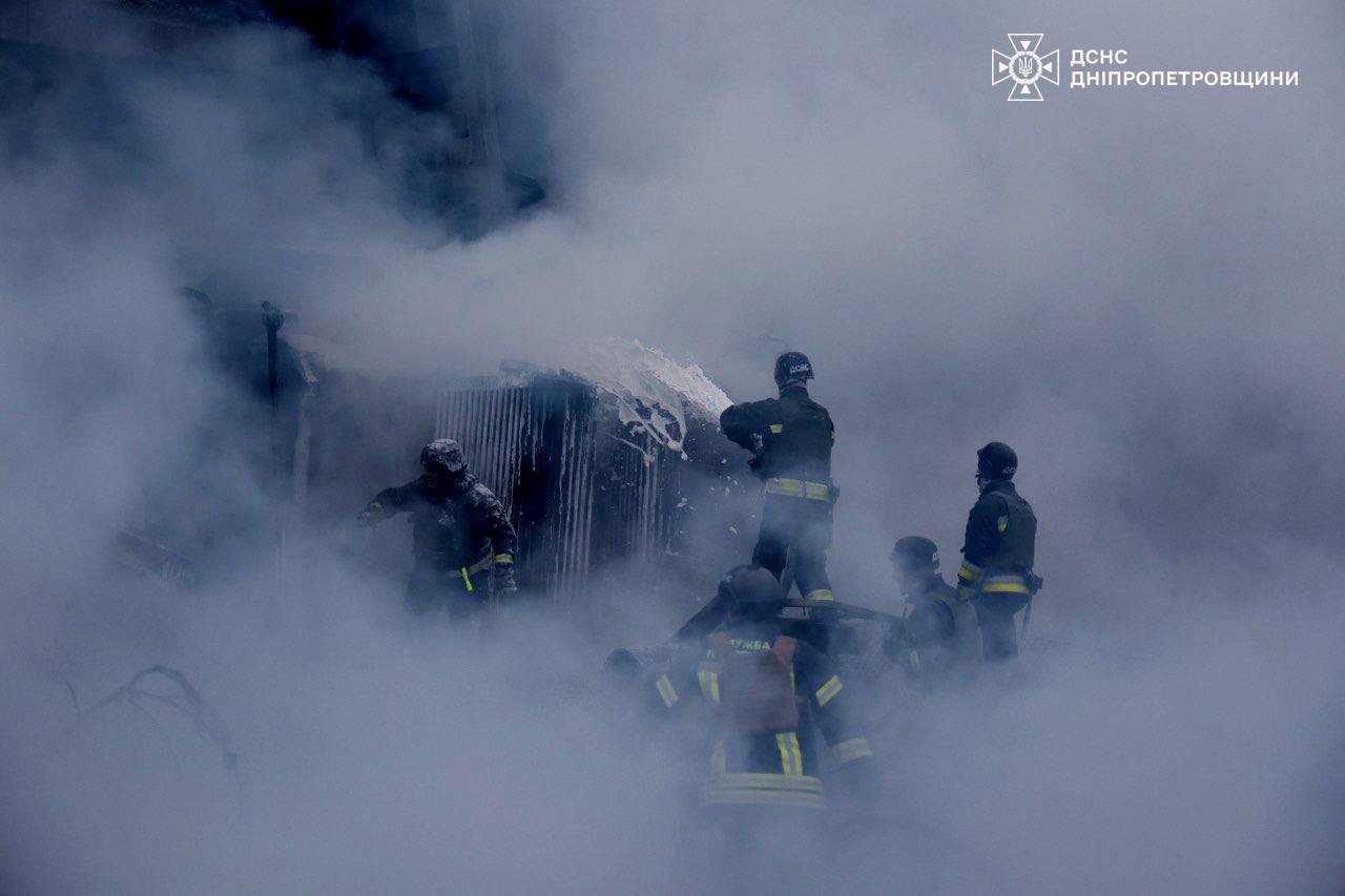 Firefighters work at a site of a Russian missile strike in Ukraine’s Dnipropetrovsk region. Photo: via Reuters