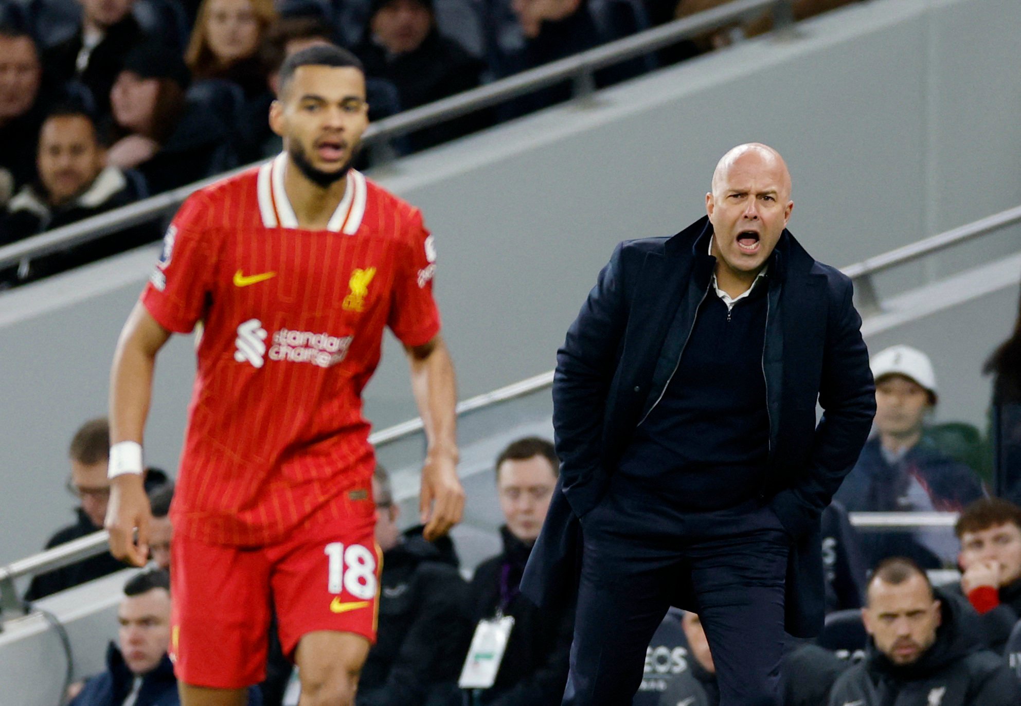 Liverpool manager Arne Slot (right) urges on his Dutch compatriot Cody Gakpo, who used to play for Ruud Van Nistelrooy’s PSV Eindhoven. Photo: Reuters