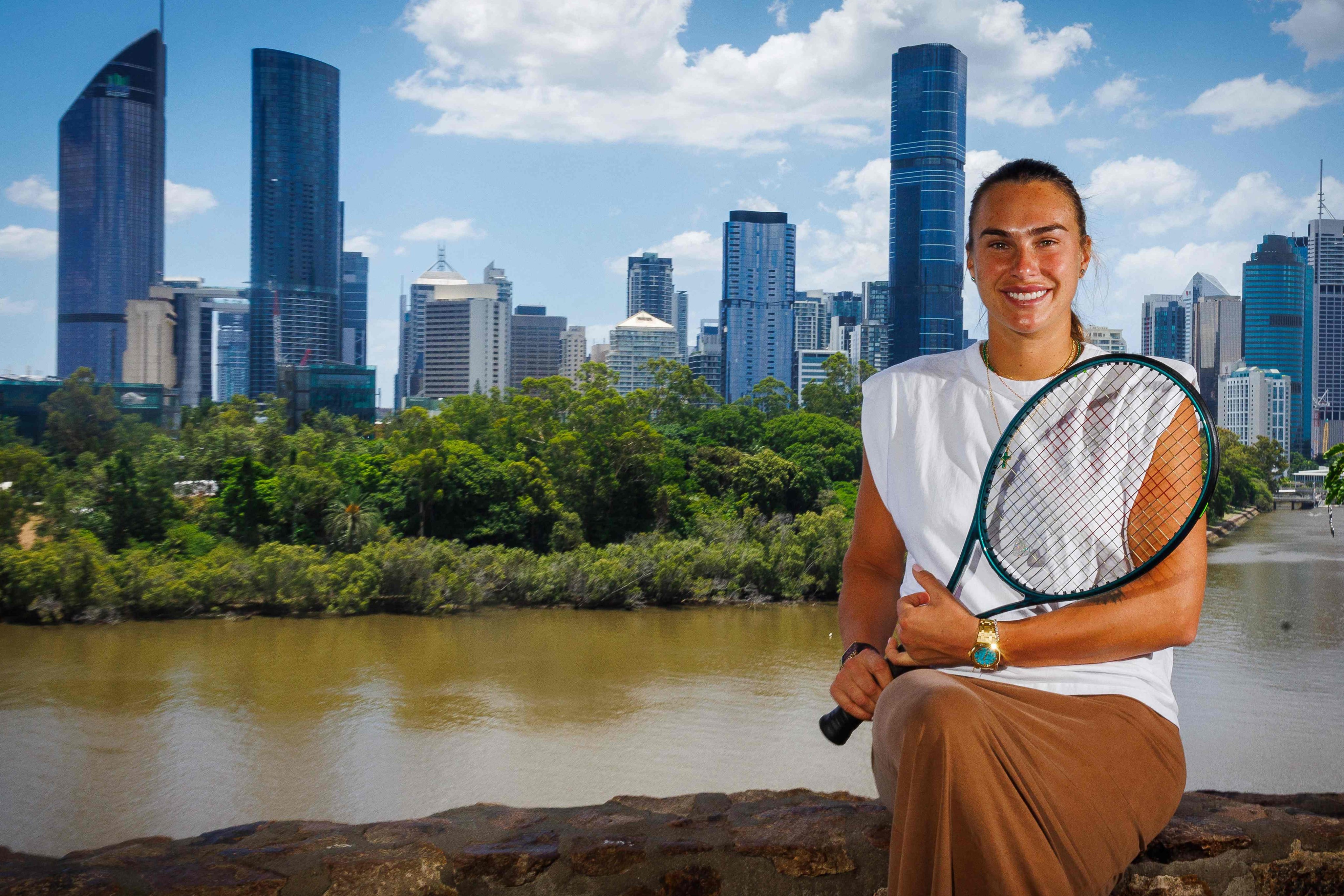 Belarus’ Aryna Sabalenka poses on Tuesday during a media conference ahead of the Brisbane International tennis, a warmup tournament for the Australian Open. Photo: AFP