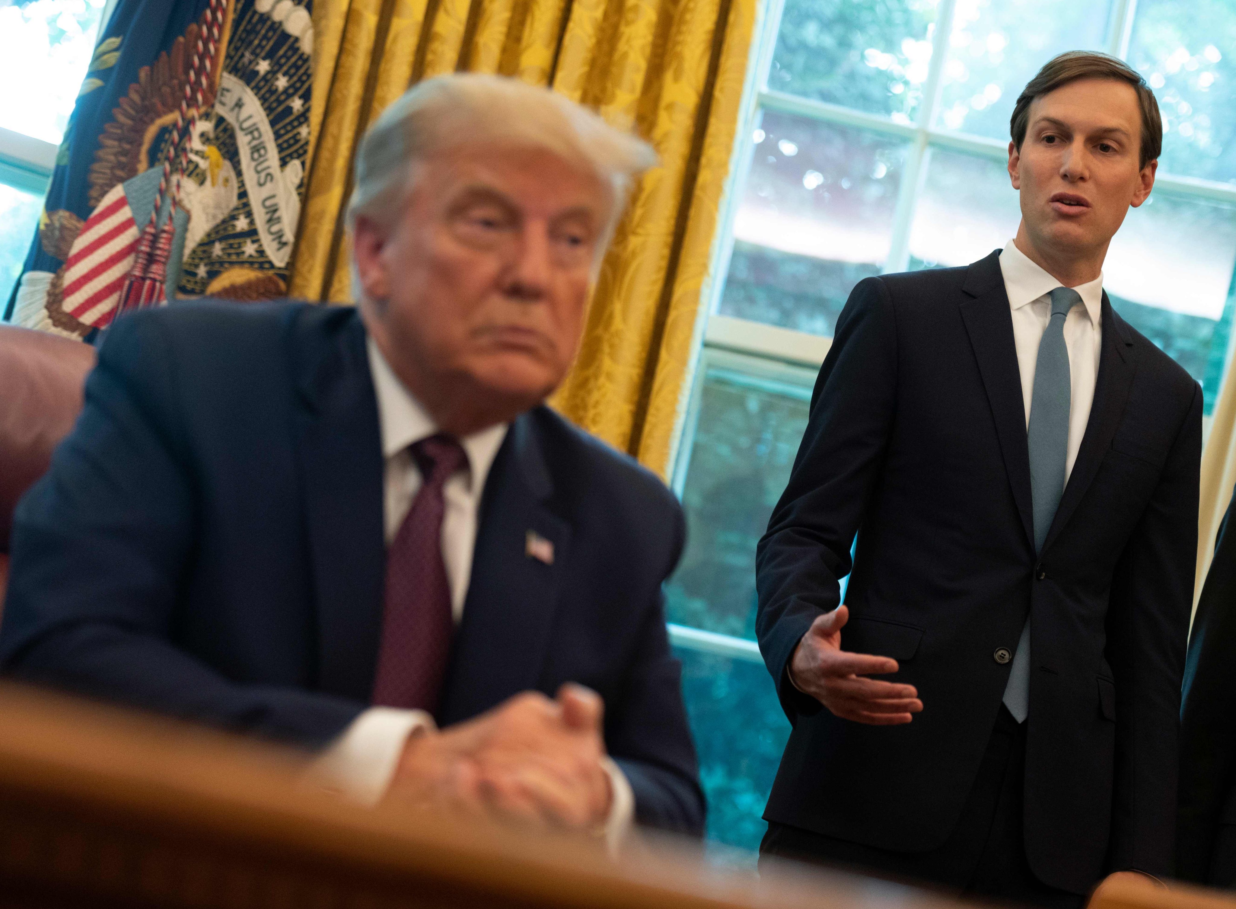 Donald Trump, then US president, listens to his senior advisor and son-in-law, Jared Kushner, in the Oval Office of the White House in Washington on September 11, 2020 . Photo: AFP