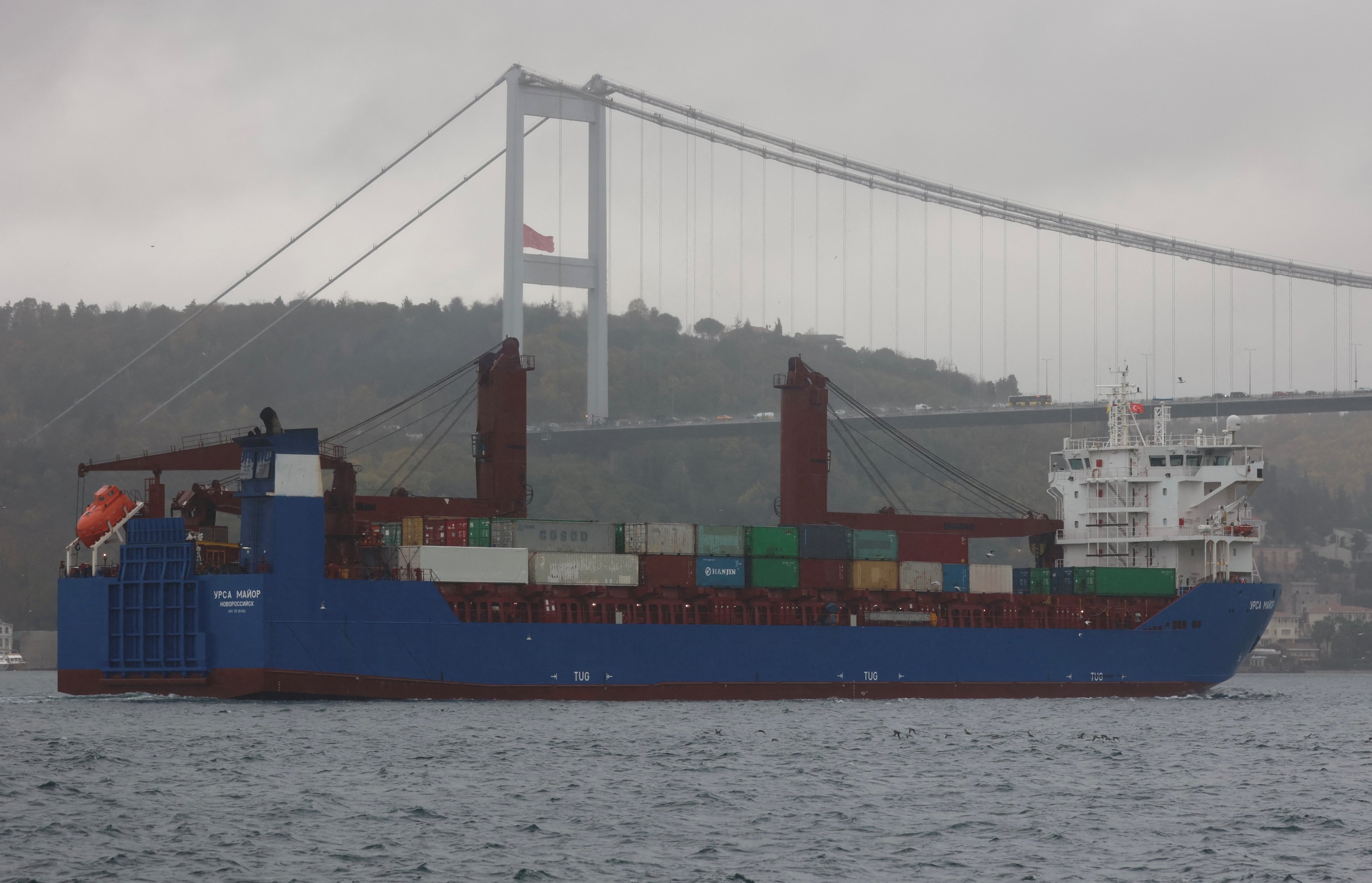 Russian cargo ship Ursa Major transits the Bosphorus in Istanbul, Turkey, on December 4. Photo: Reuters