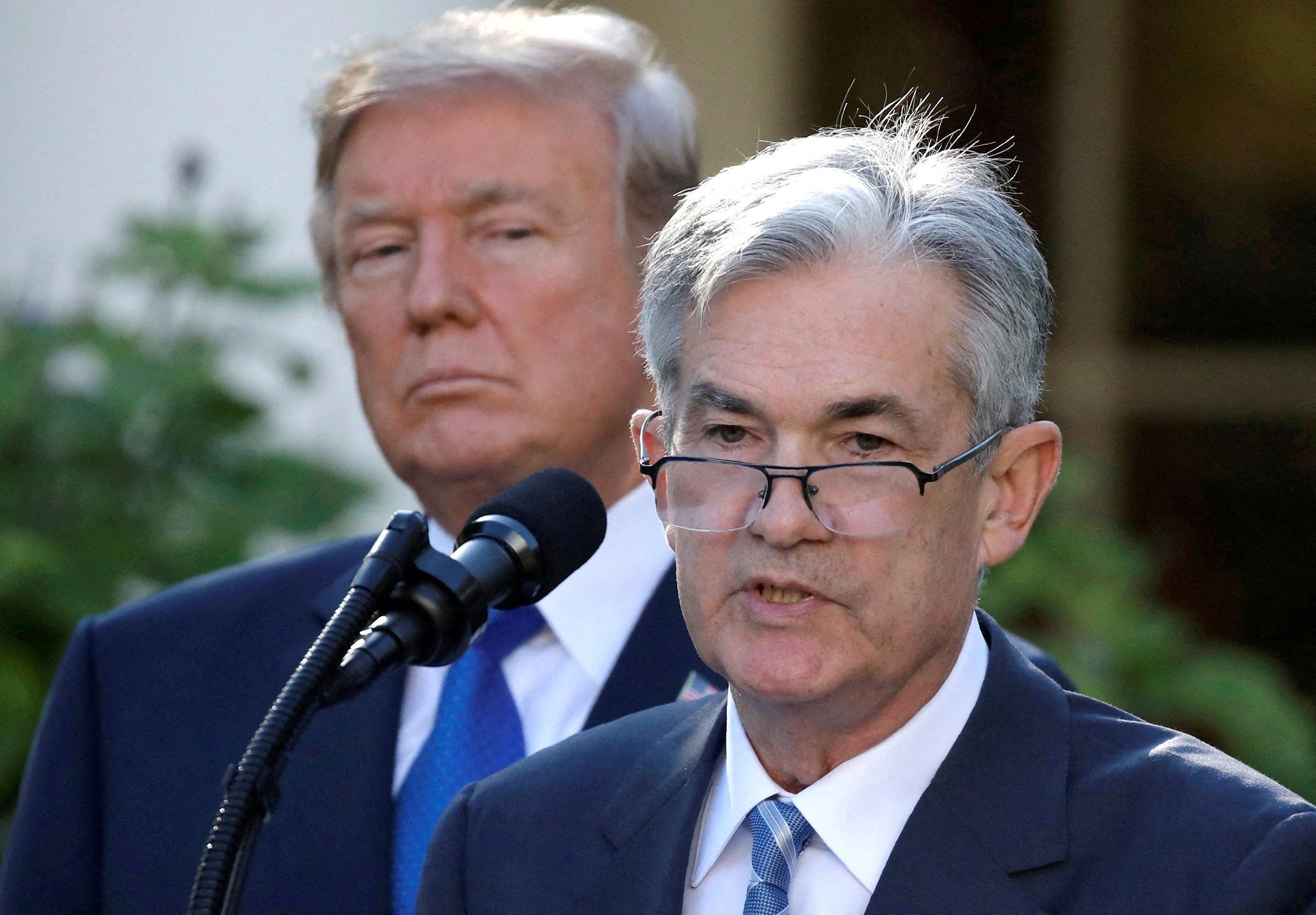 Donald Trump, then US president, looks on as Jerome Powell, his nominee to lead the Federal Reserve, speaks at the White House in Washington on November 2, 2017. Photo: Reuters