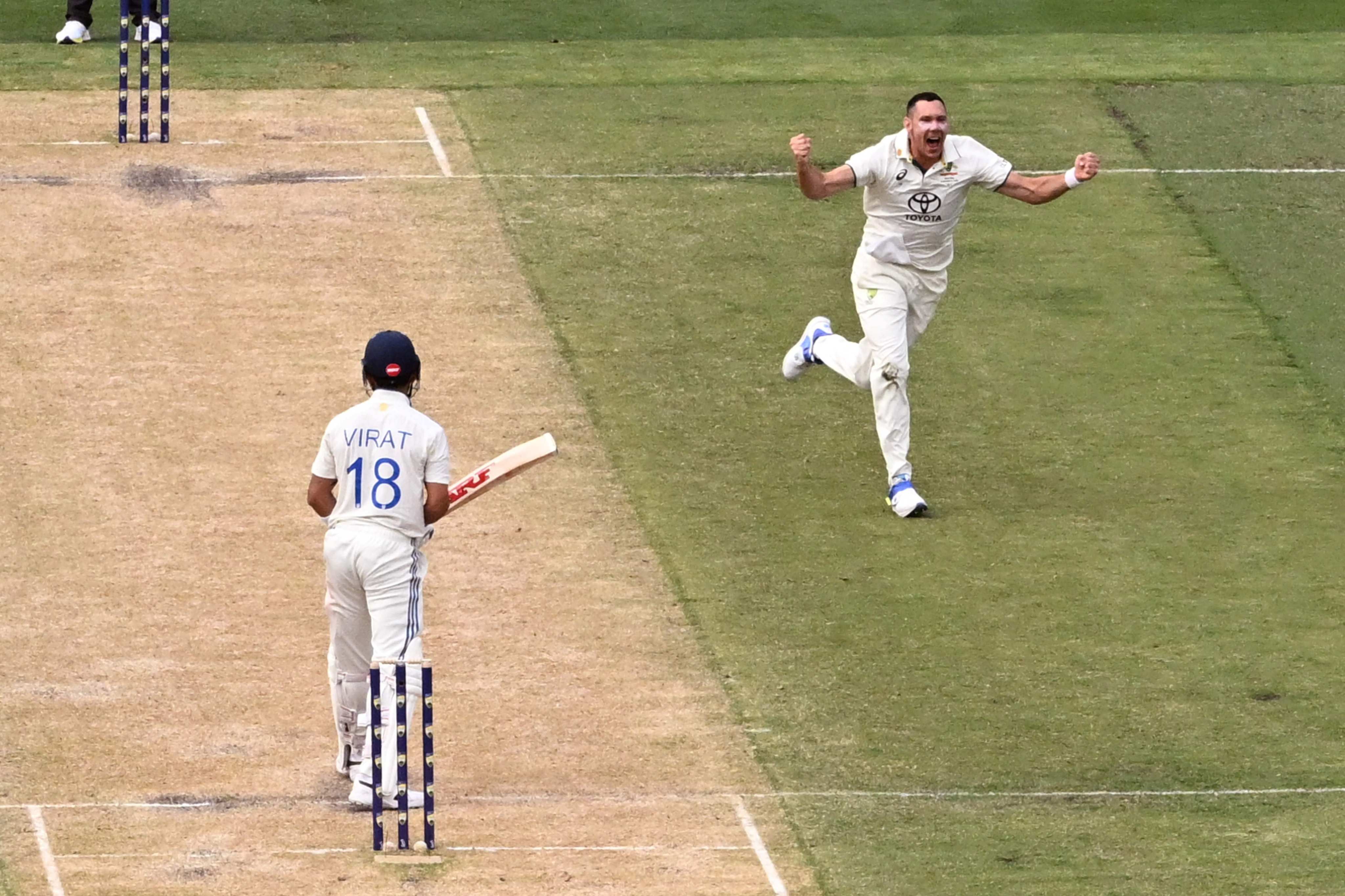 Australian bowler Scott Boland (right) celebrates dismissing Indian batsman Virat Kohli on the second day of the fourth Test at the Melbourne Cricket Ground on Friday. Photo: AFP