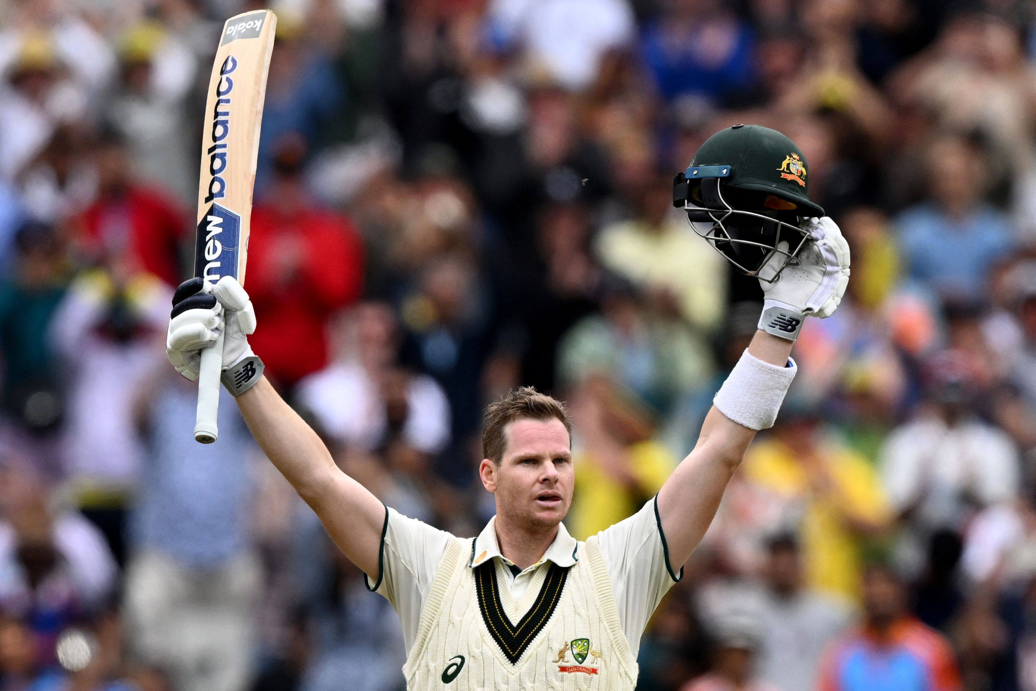 Australia’s Steve Smith celebrates reaching his century on the second day of the fourth Test against India at the Melbourne Cricket Ground on Friday. Photo: AFP