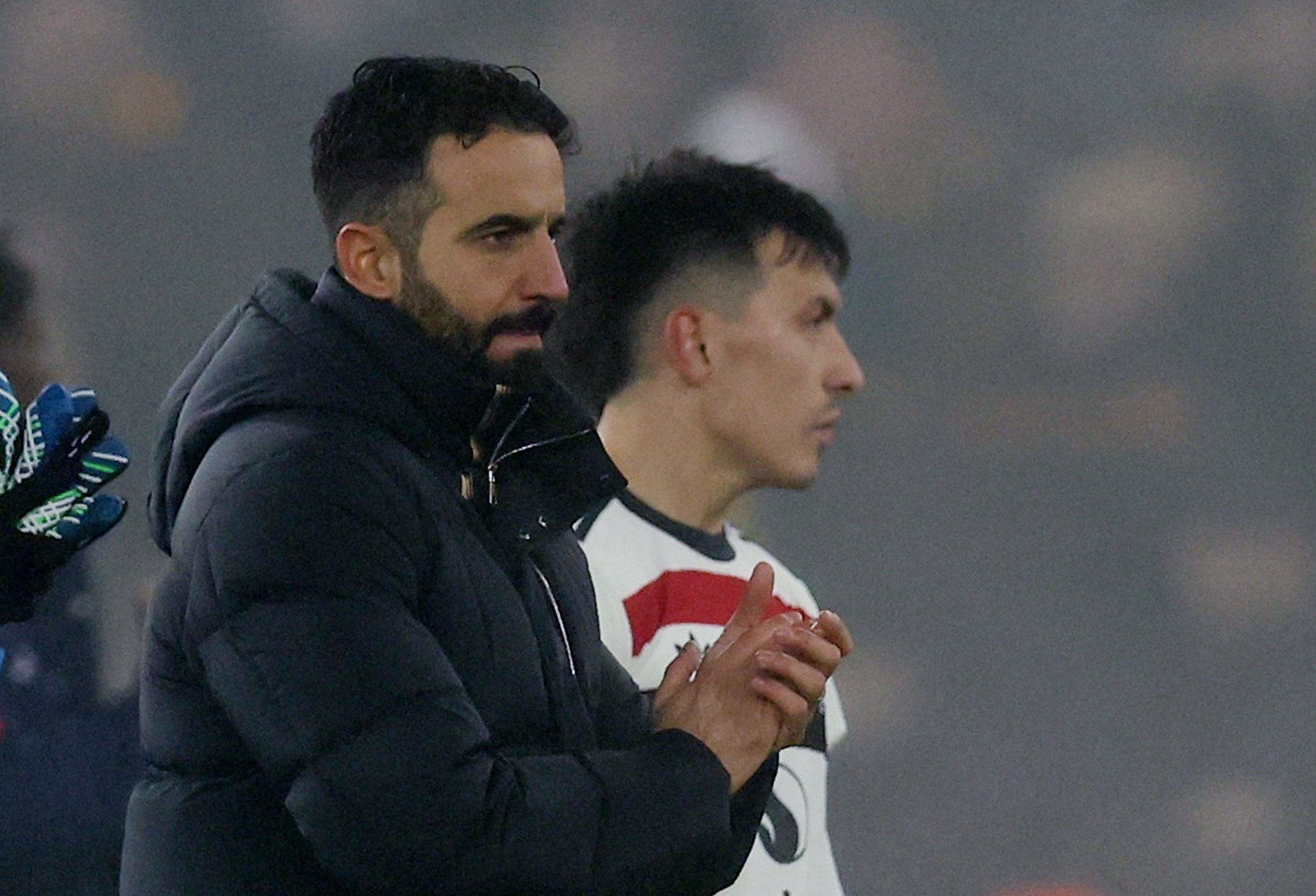 A dejected Ruben Amorim applauds fans after Manchester United’s 2-0 loss at Wolves. Photo: Reuters