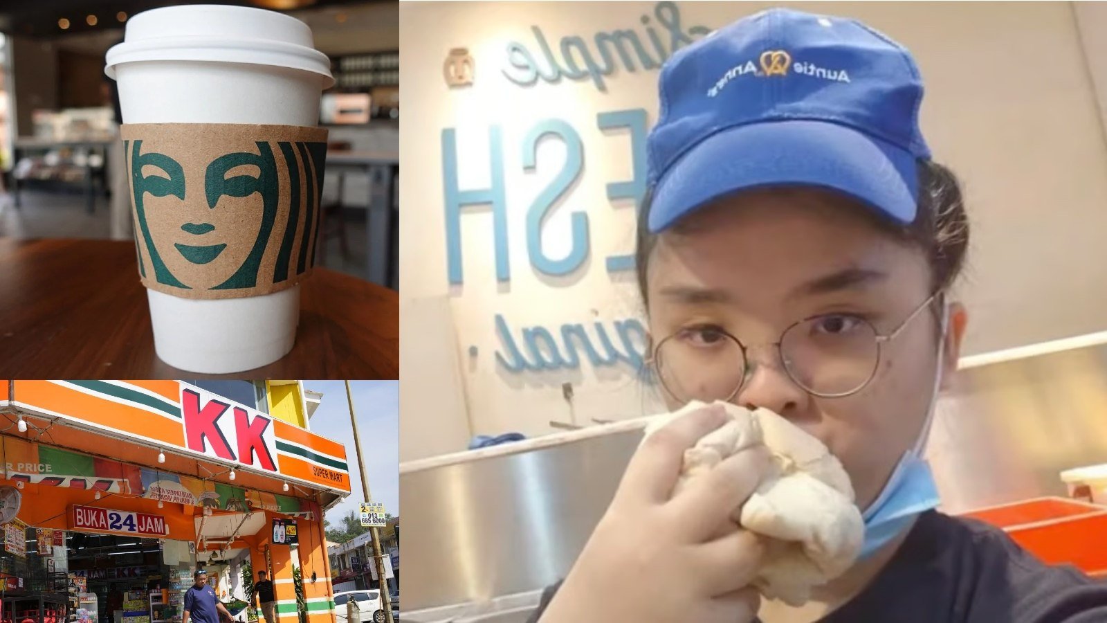 Upper left: Starbucks suffered financial losses after being targeted by a viral boycott campaign for its alleged support of Israel.  Photo: Getty Images/TNS. A KK Super Mart store in Puchong, Kuala Lumpur. Photo: AP
 Bottom left:  Right: A video showing Alice Chang from Malaysia kissing a piece of dough went viral. Photo: YouTube/funniesvideo