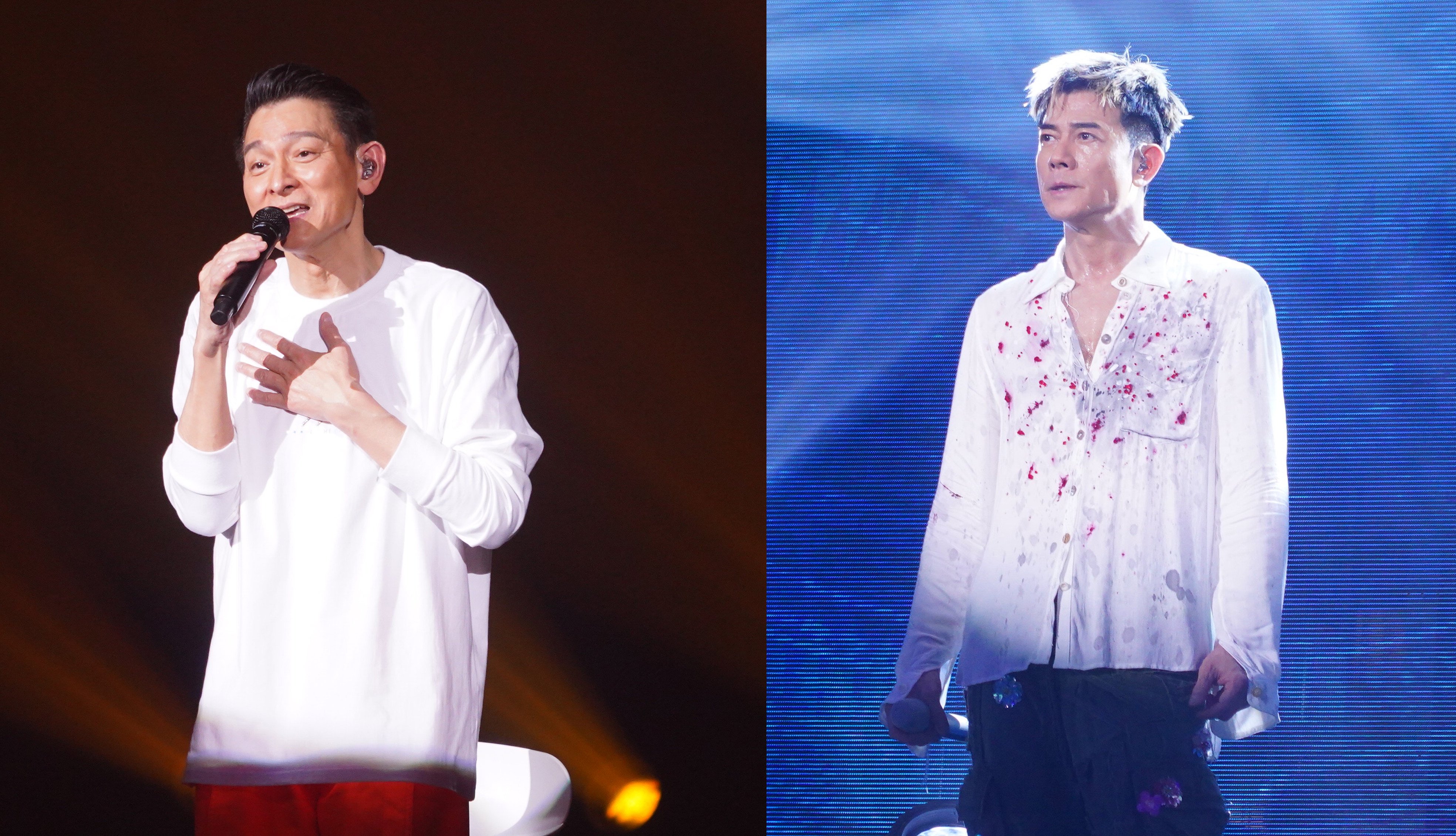 Andy Lau (left) and Aaron Kwok suffered stage mishaps during their concerts. Photo: Getty Images