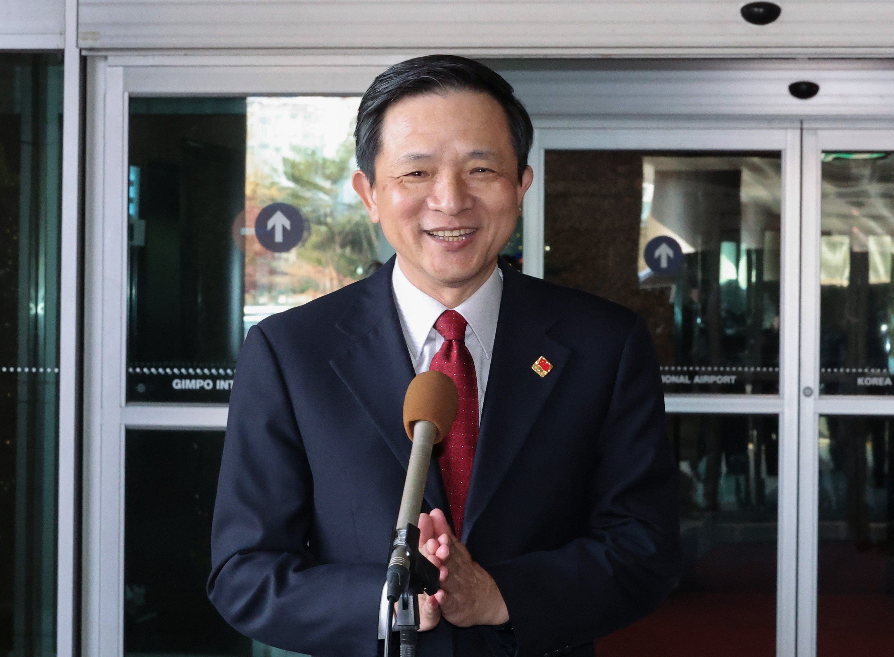 Dai Bing, Chinese new ambassador to South Korea, speaks to the media upon arrival in Seoul on Friday. Photo: EPA-EFE