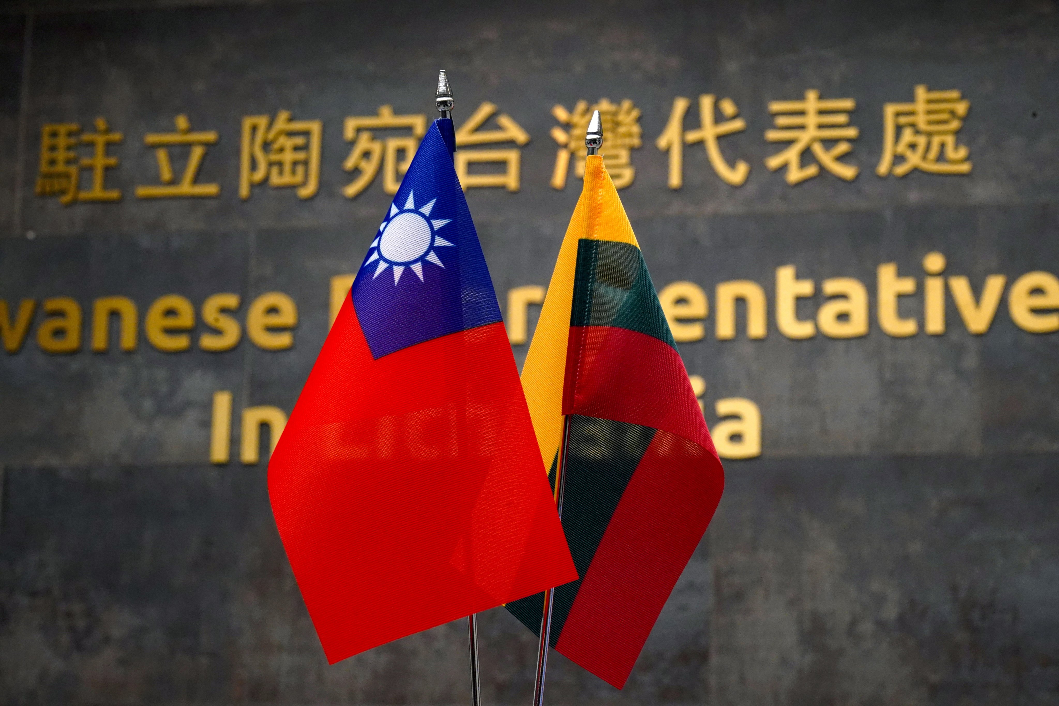 Taiwanese and Lithuanian flags are displayed at the island’s representative office in Vilnius, a source of Beijing’s tensions with Lithuania. Photo: Reuters