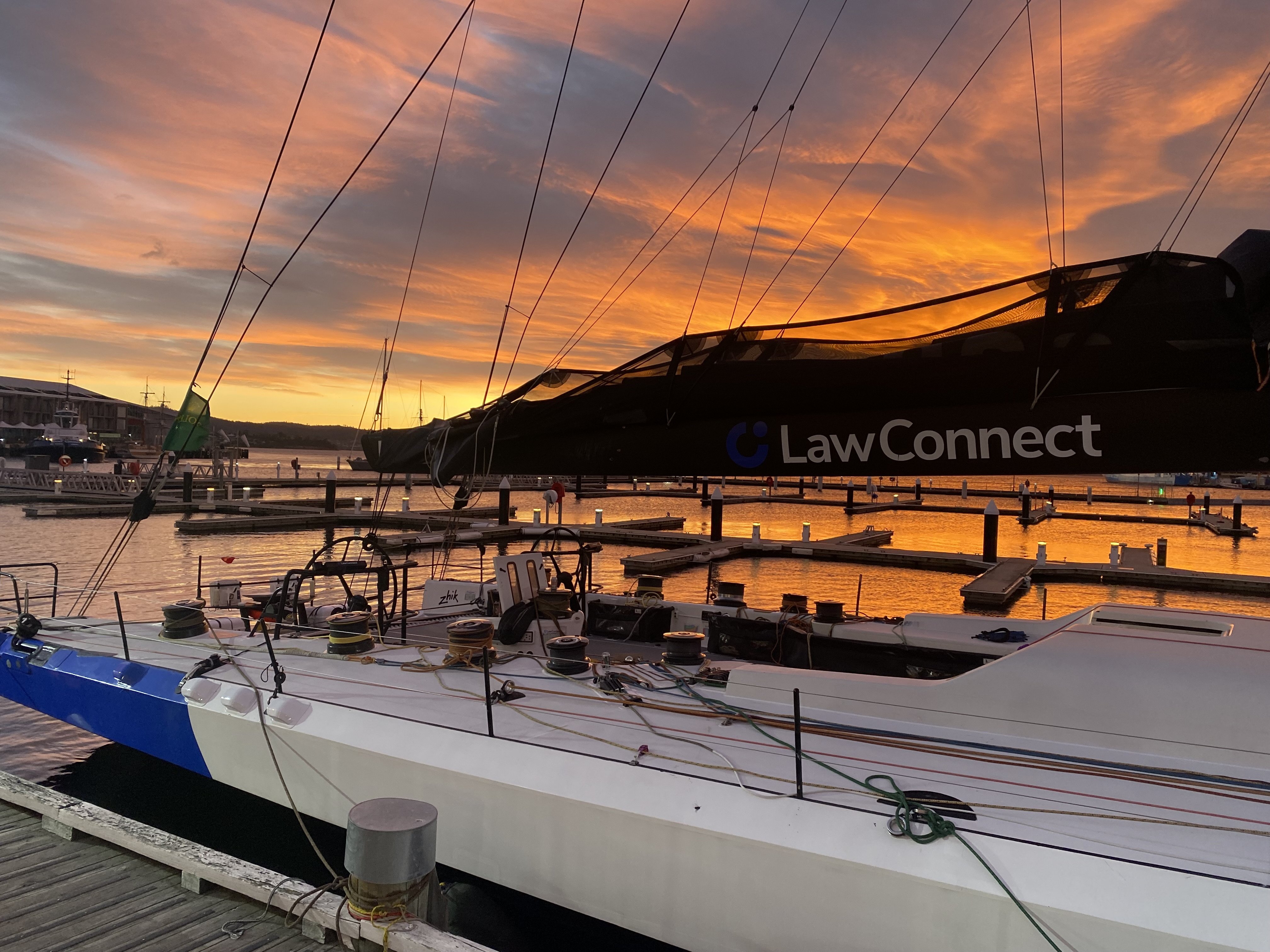 LawConnect at Constitution Dock in Hobart, Australia on Saturday after claiming line honours in the 2024 Sydney to Hobart yacht race. Photo: EPA-EFE