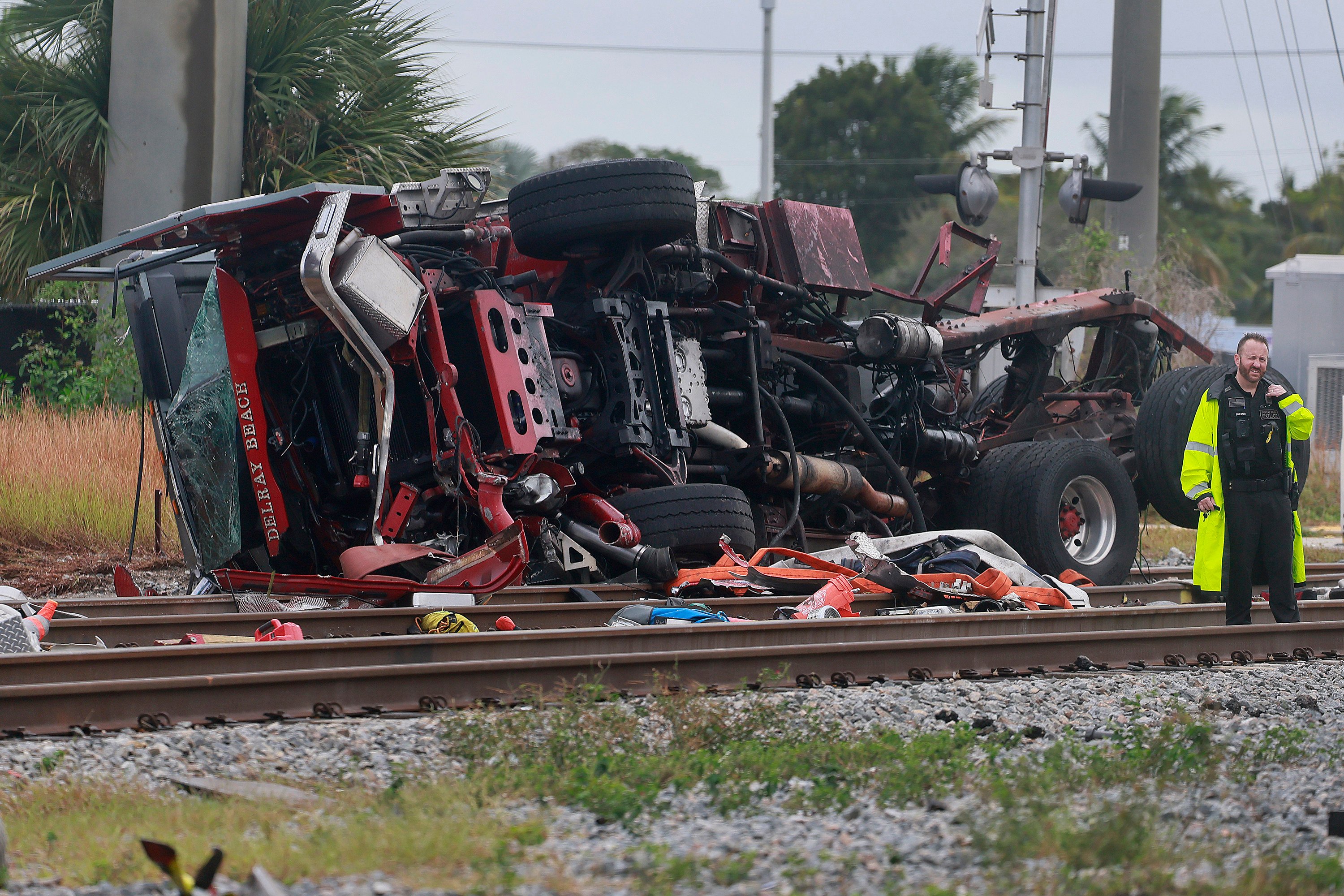 A Brightline train collided with a fire truck at East Atlantic Avenue and Southeast First Avenue in downtown Delray Beach, Florida, on Saturday. Photo: TNS