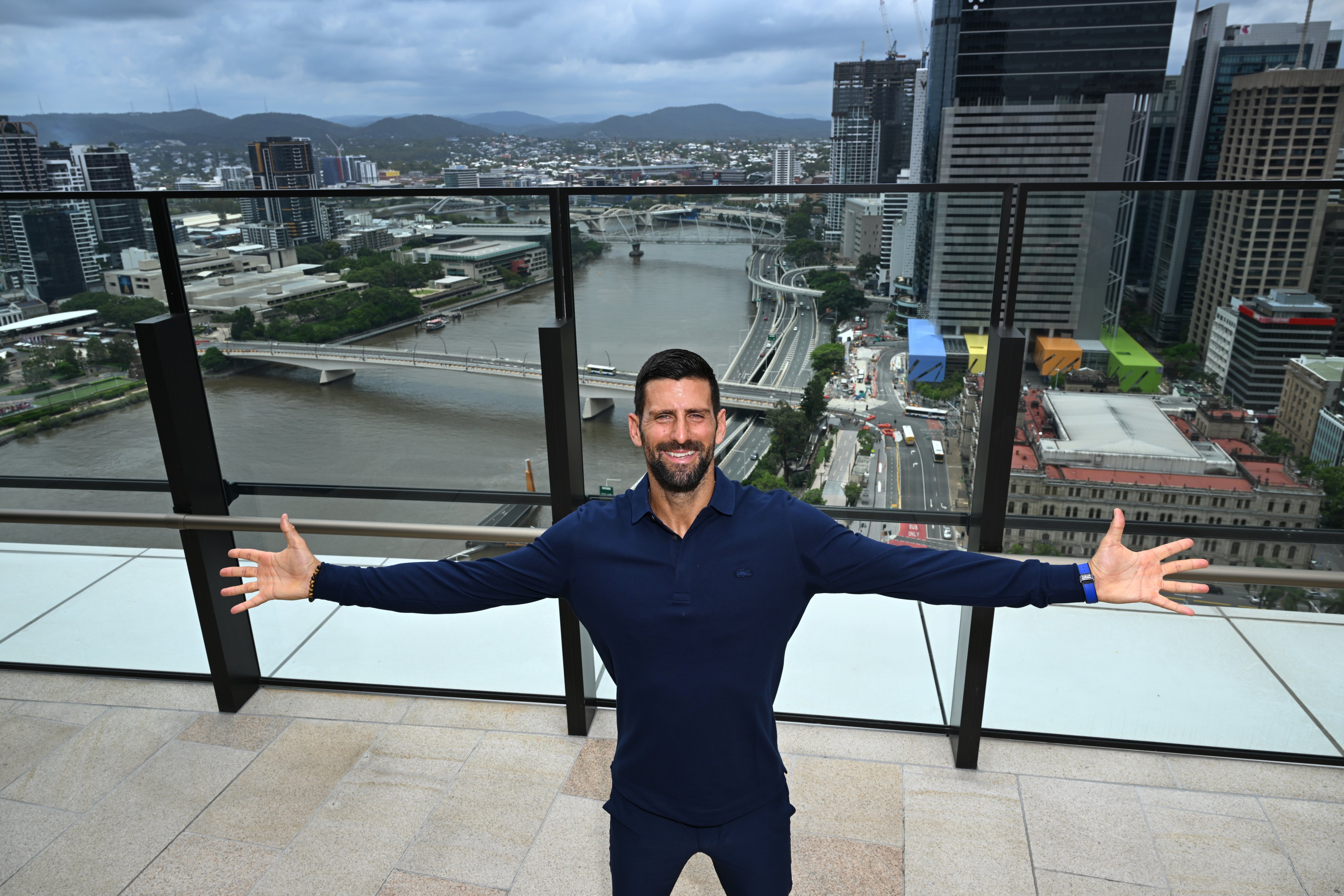 Novak Djokovic on the Sky Deck at the Queen’s Wharf Precinct in Brisbane, Australia on Sunday. The Serb is set to play in the Brisbane International. Photo:  EPA-EFE