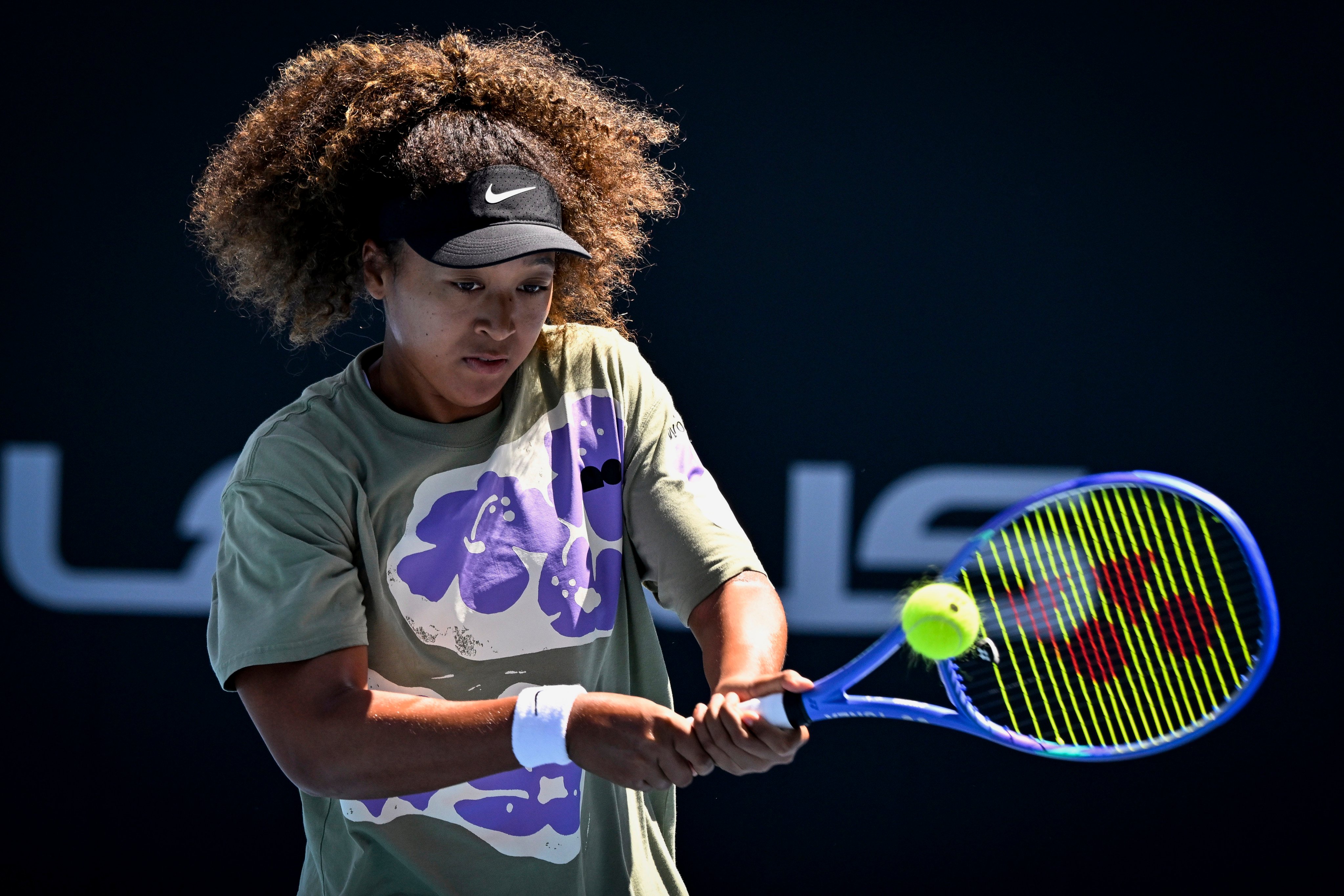 Naomi Osaka of Japan in training for the Auckland Classic, which she is using as a springboard to the Australian Open, which she won in 2019 and 2021. Photo: AP