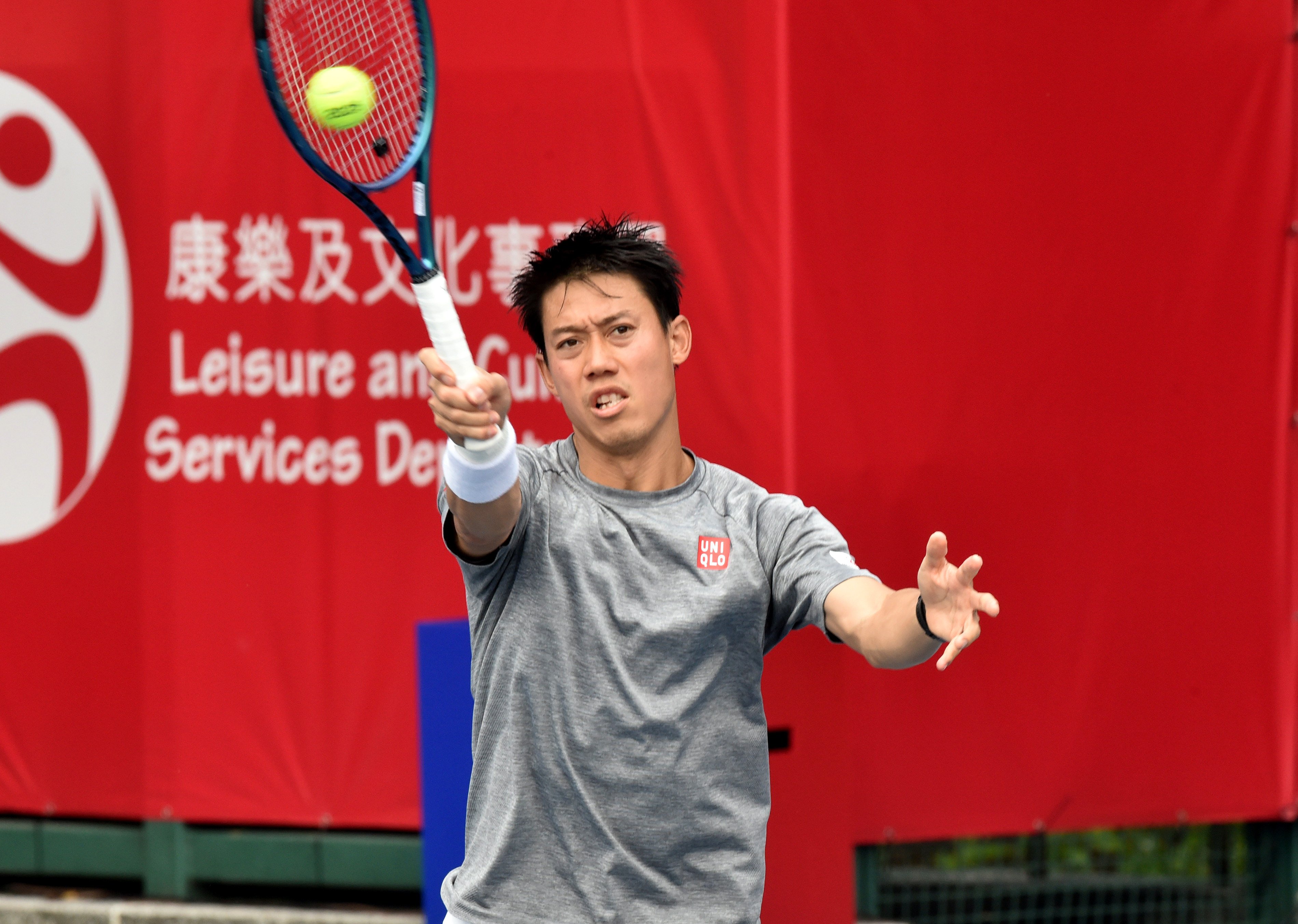 Kei Nishikori on the practice courts at the Bank of China Hong Kong Tennis Open. Photo: Xinhua