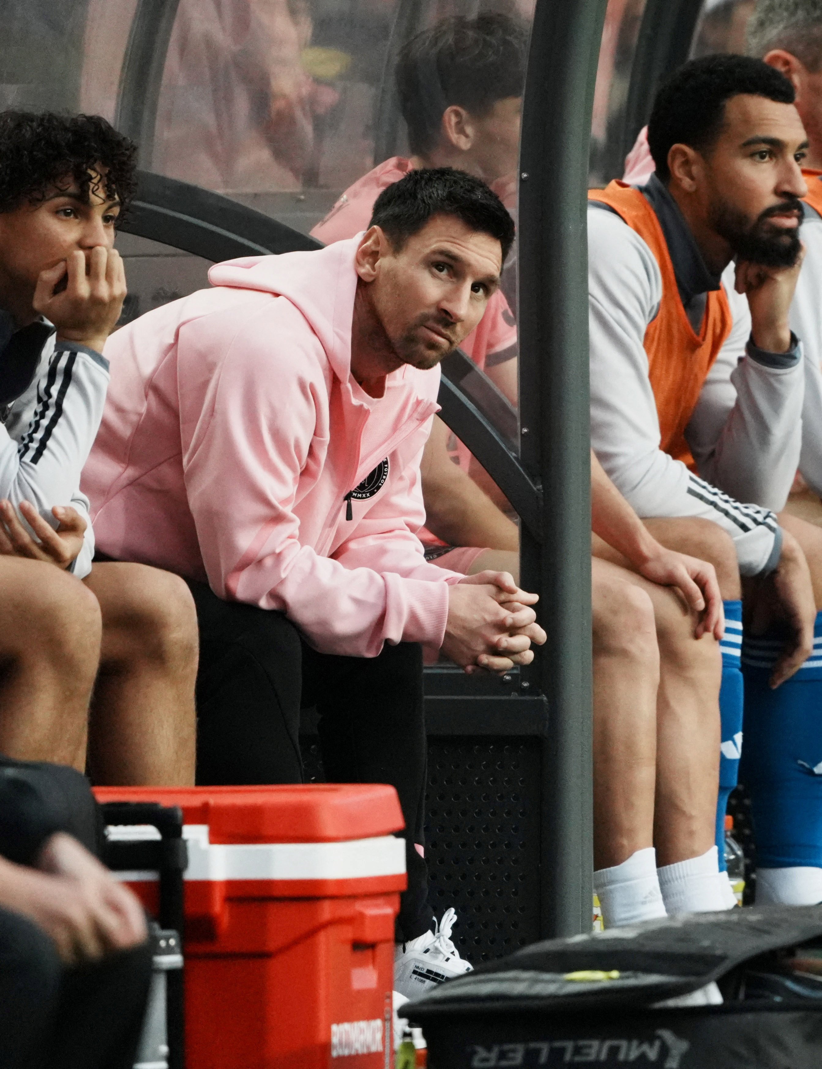 Lionel Messi looks on from the substitutes bench in a Hong Kong vs Inter Miami soccer friendly. Photo: Reuters