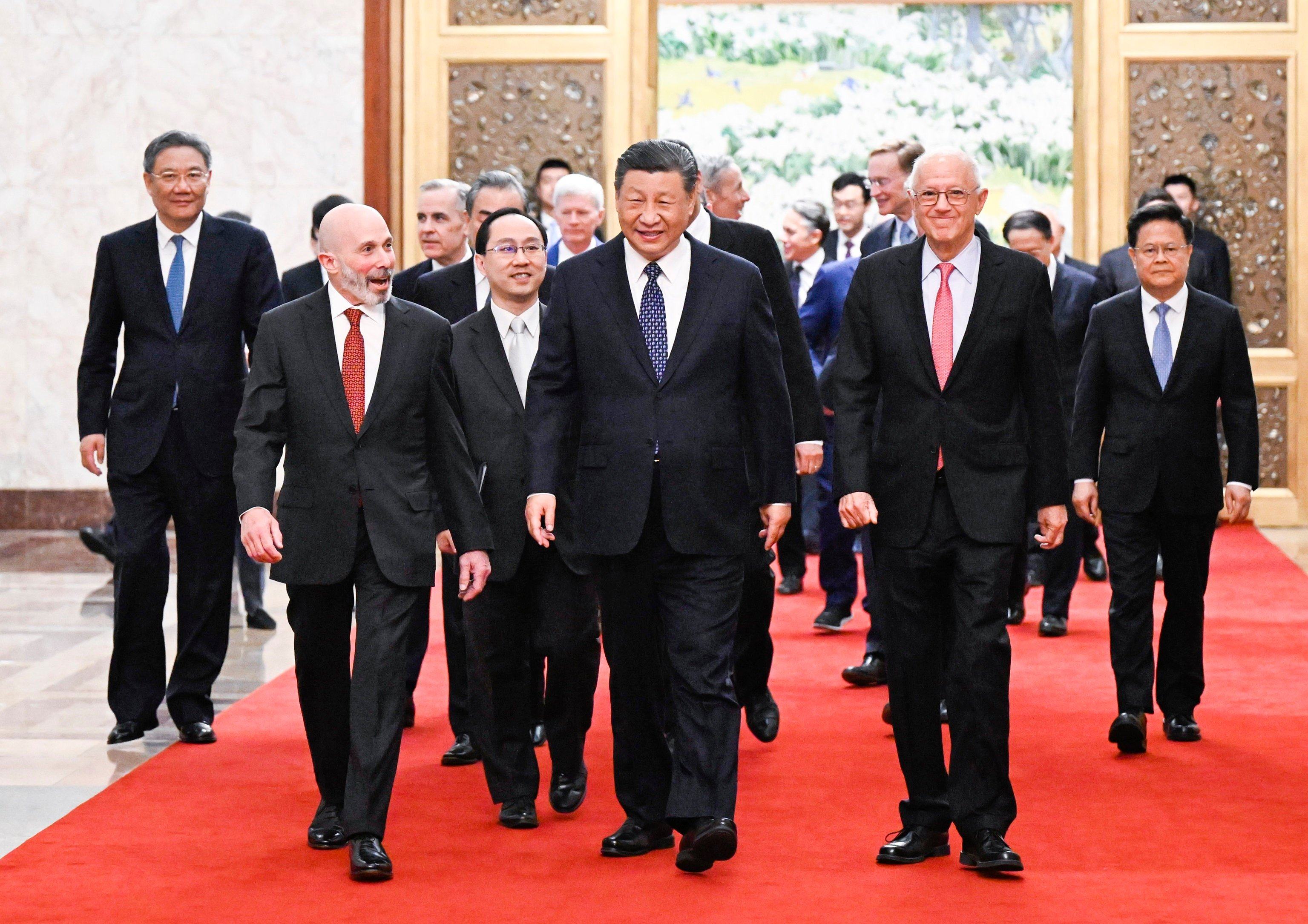 Chinese President Xi Jinping and US business leaders, including Chubb CEO Evan Greenberg (left) and Stephen Orlins (right), president of the National Committee on US-China Relations, at the the Great Hall of the People in Beijing in March. Photo: Xinhua