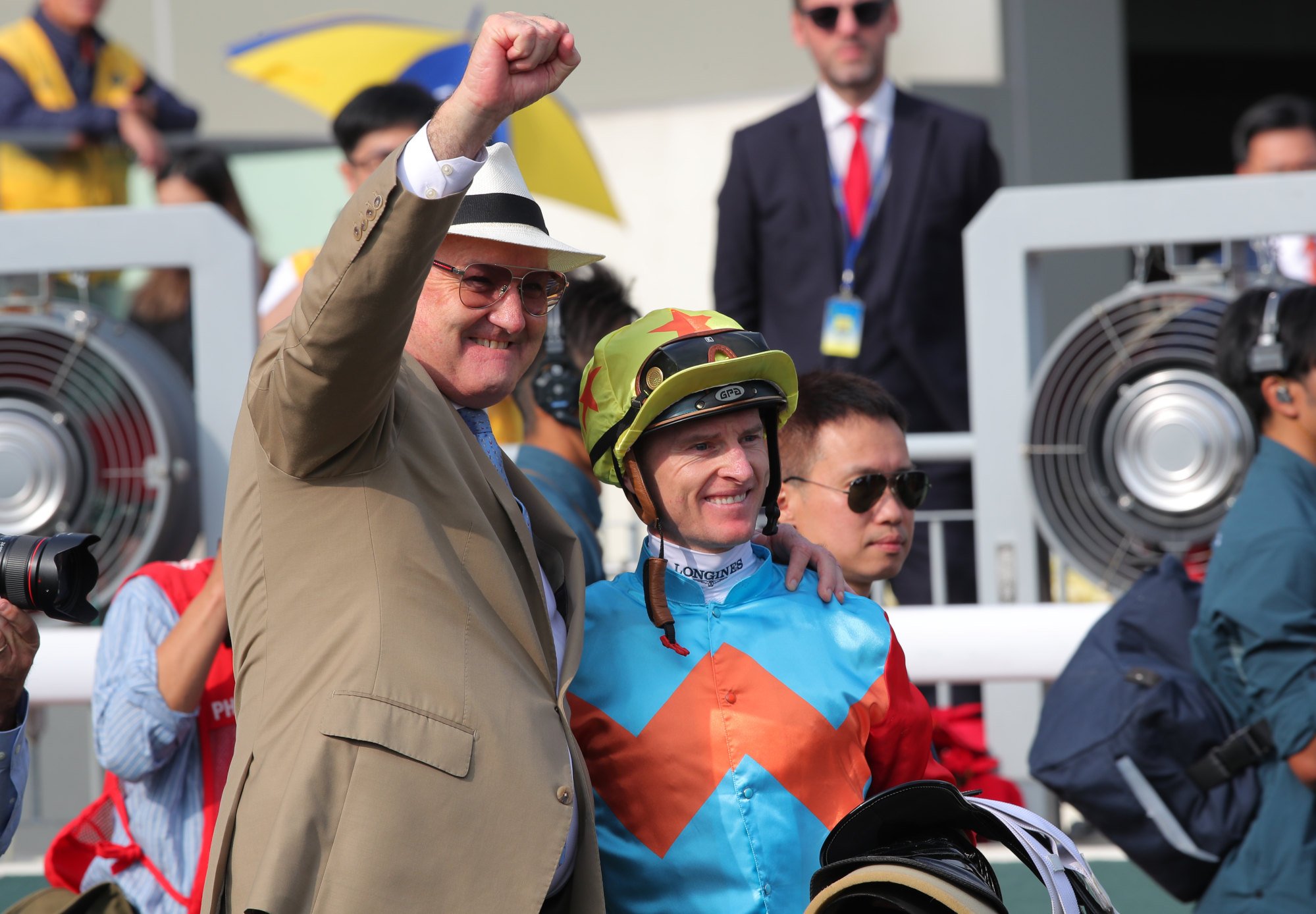 Trainer David Hayes and jockey Zac Purton celebrate Ka Ying Rising’s Group One Hong Kong Sprint success.