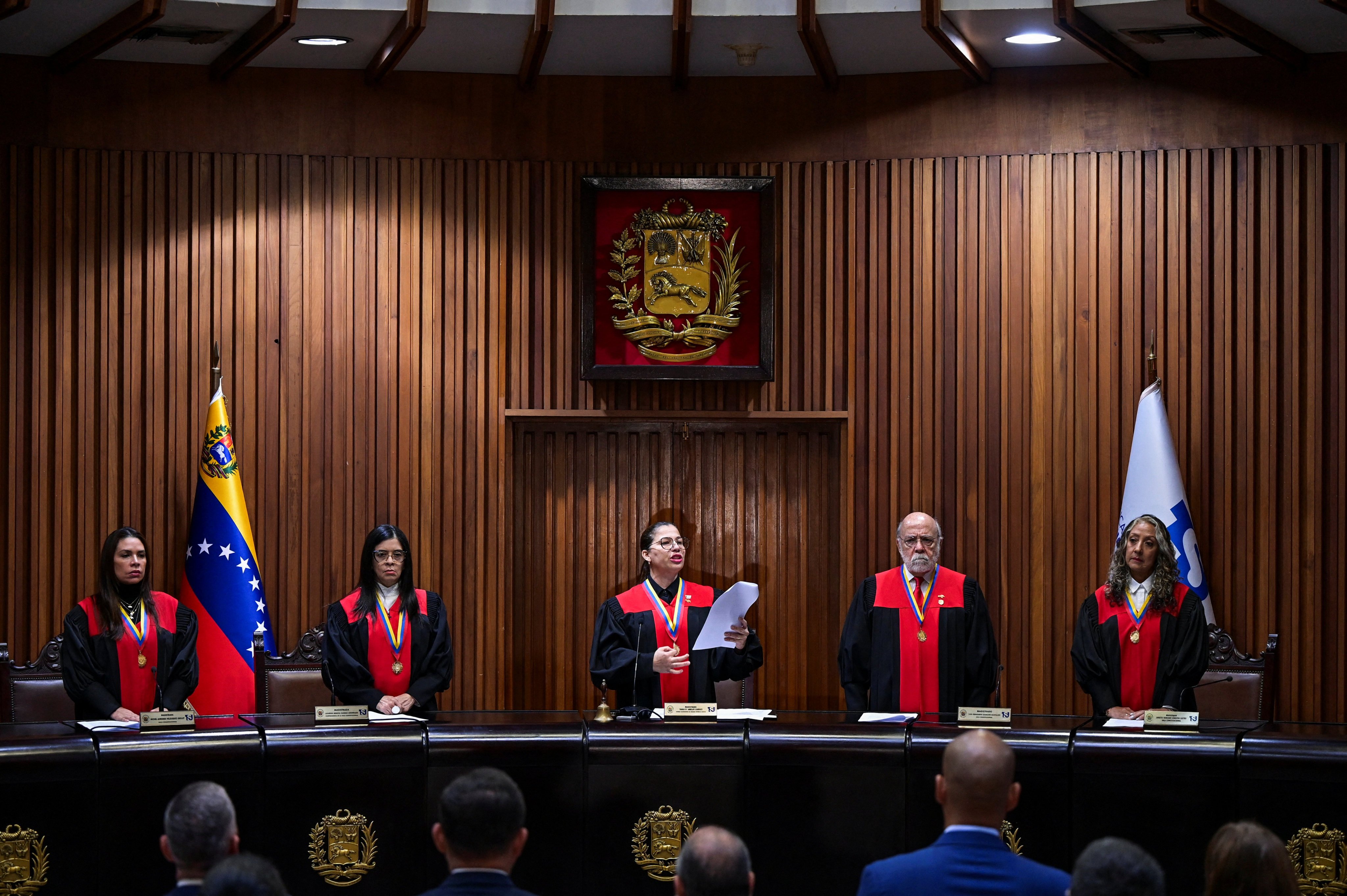 Venezuela’s President of the Constitutional Chamber of the Supreme Court of Justice Tania D’Amelio, centre, reads a statement imposing a fine on TikTok at the Supreme Court of Justice in Caracas, Venezuela on Monday. Photo: Reuters 