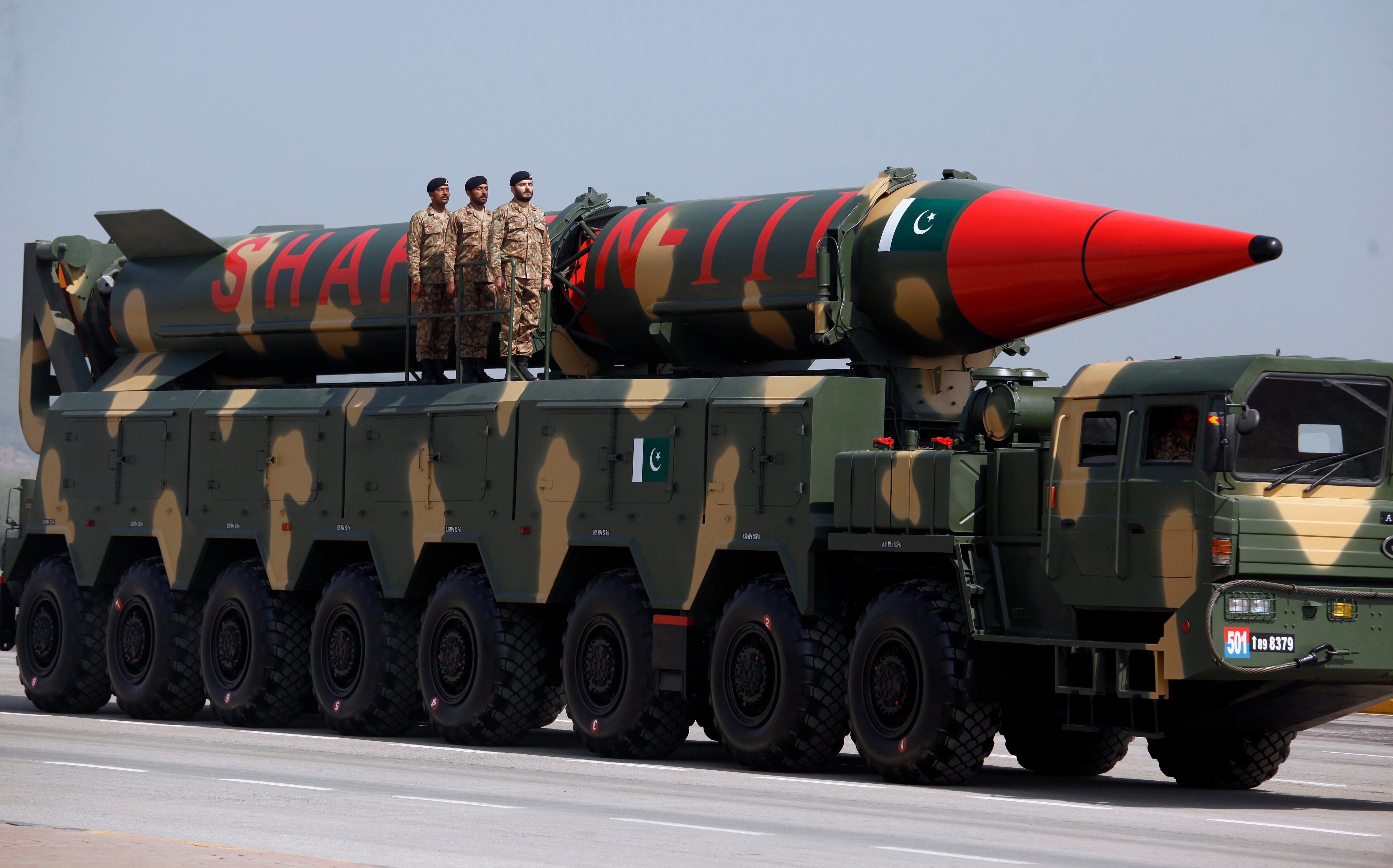 Pakistan’s Shaheen-III missile, which is capable of carrying nuclear warheads and has a range of 2,750km, is seen during a military parade in Islamabad, on March 23, 2018. Photo: AP 