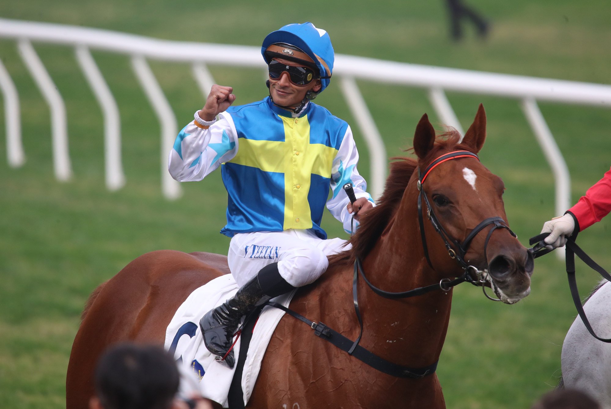 Karis Teetan celebrates his Group Three success on Patch Of Theta.