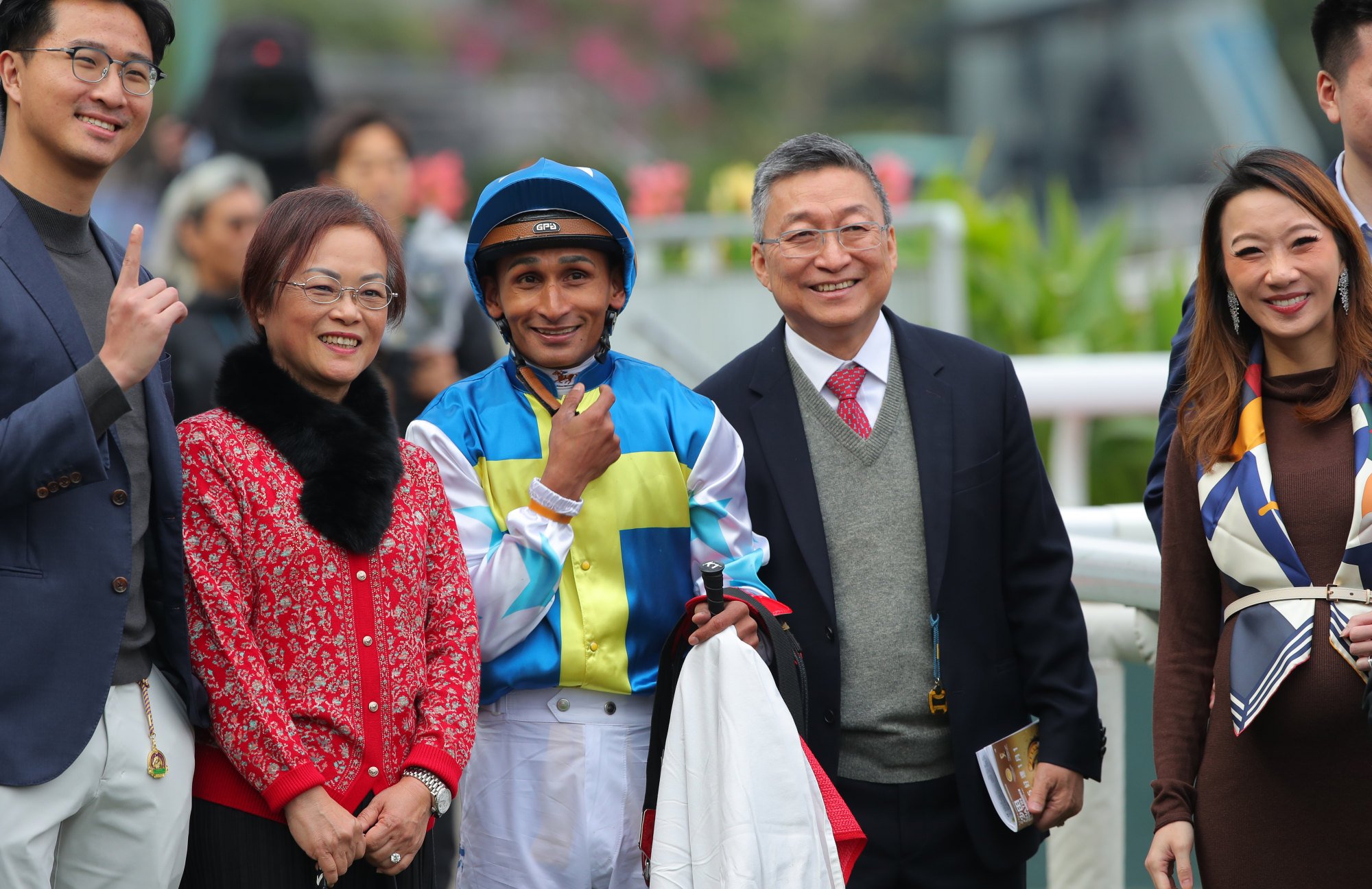 Jockey Karis Teetan, trainer Francis Lui (second from right) and connections celebrate Patch Of Theta’s win.