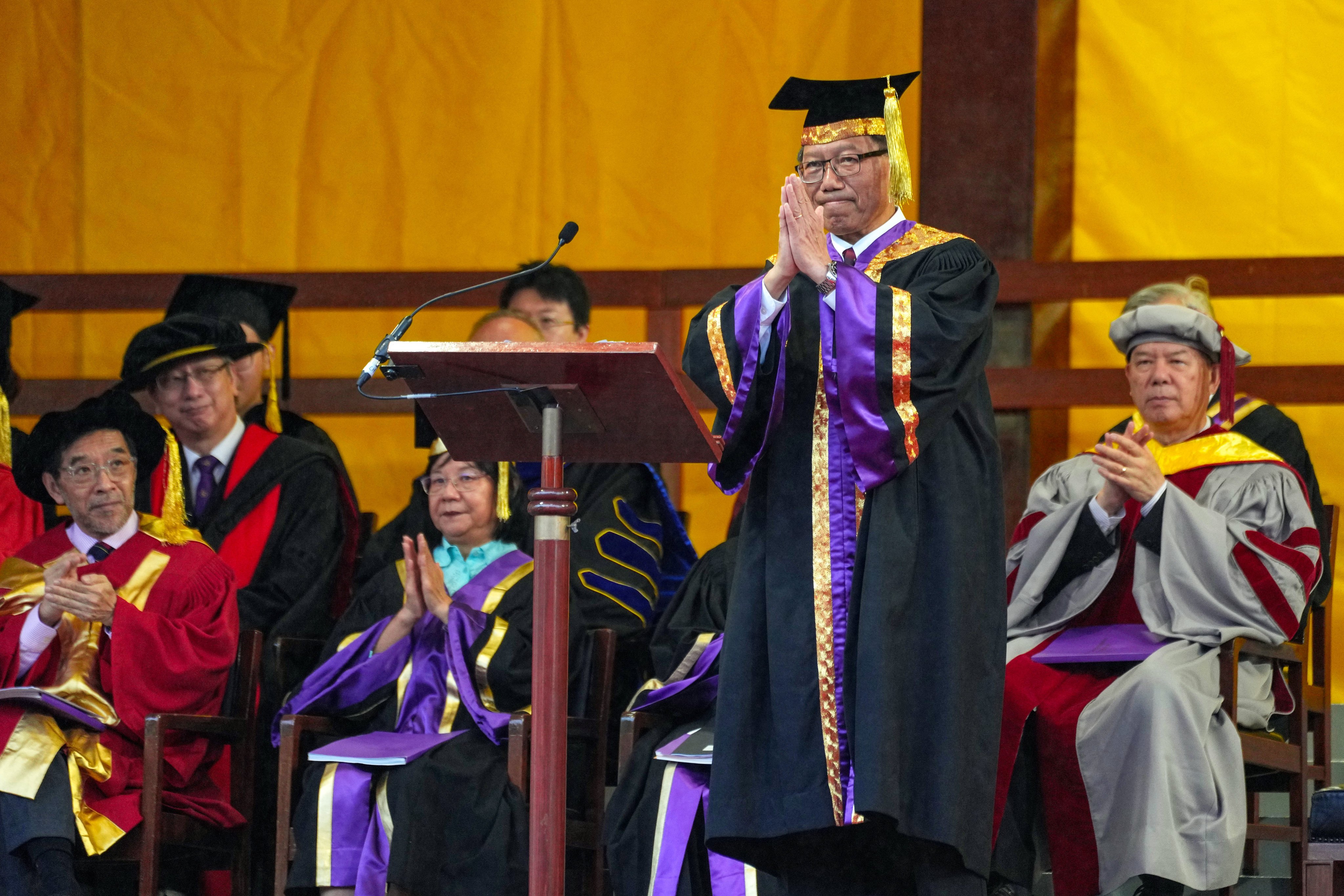 Professor Rocky Tuan delivers a speech during the 94th congregation ceremony at the university in November of last year. Photo: Elson Li