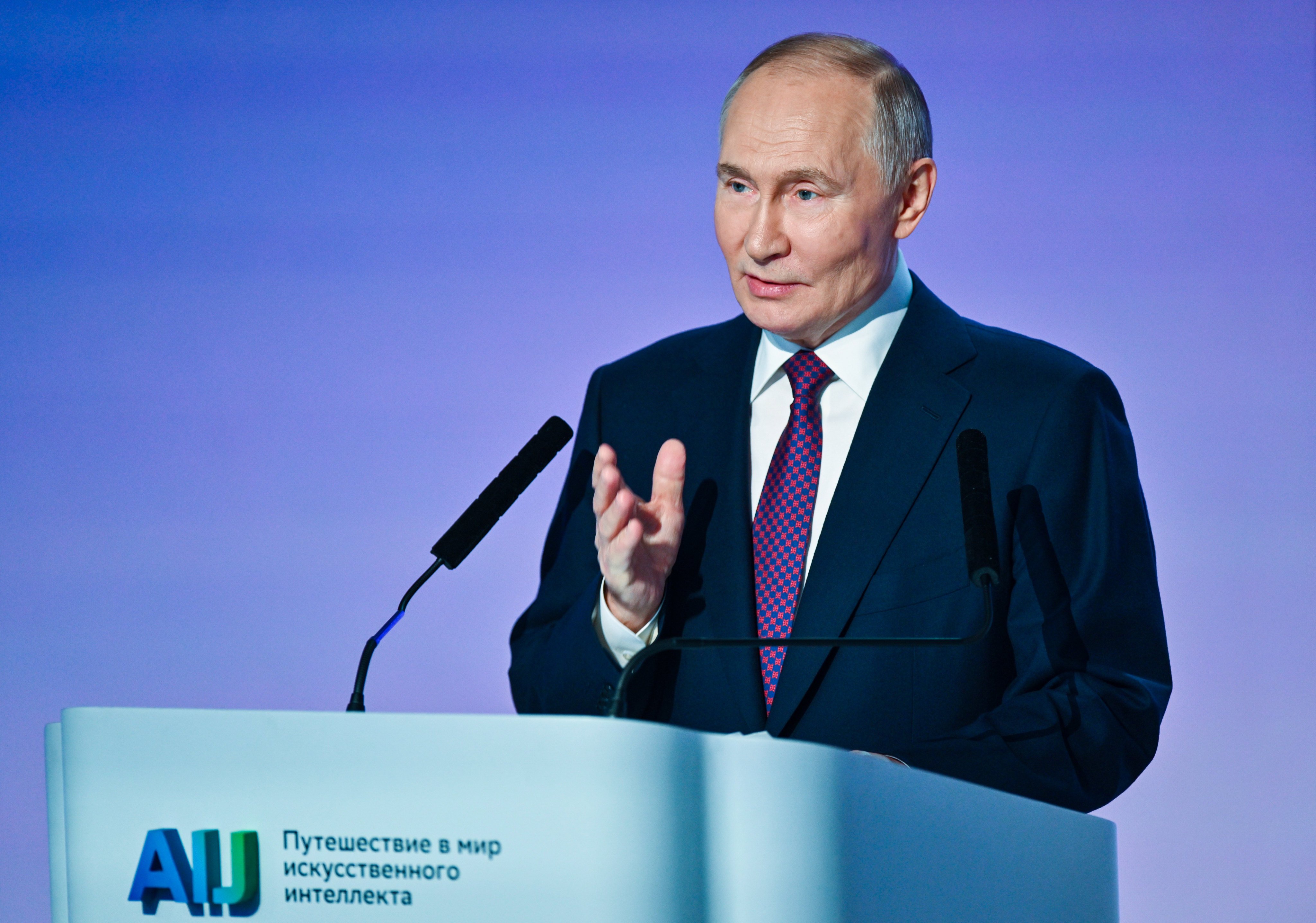 Russian President Vladimir Putin addresses the AI Journey tech conference in Moscow on December 11. Putin has called for more cooperation with China to develop the technology. Photo: EPA-EFE