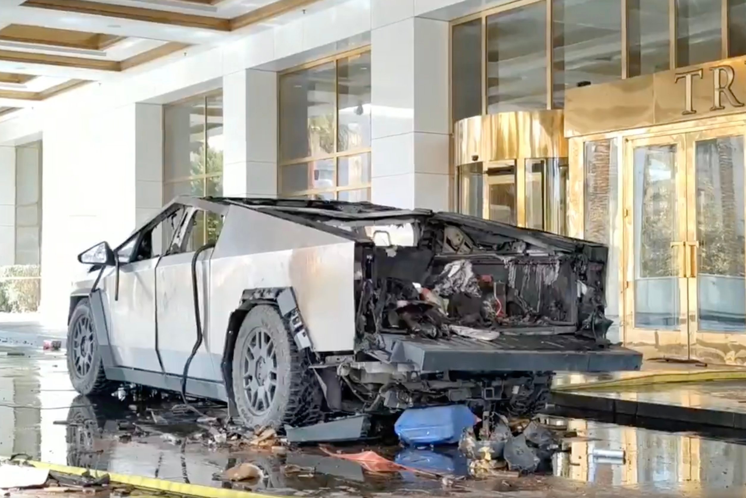 The remains of a Tesla Cybertruck that exploded in front of the Trump Hotel in Las Vegas, Nevada on Wednesday. Police identified the driver, who was killed in the explosion, as Matthew Livelsberger. Photo:  Las Vegas Metropolitan Police Department Handout / EPA-EFE