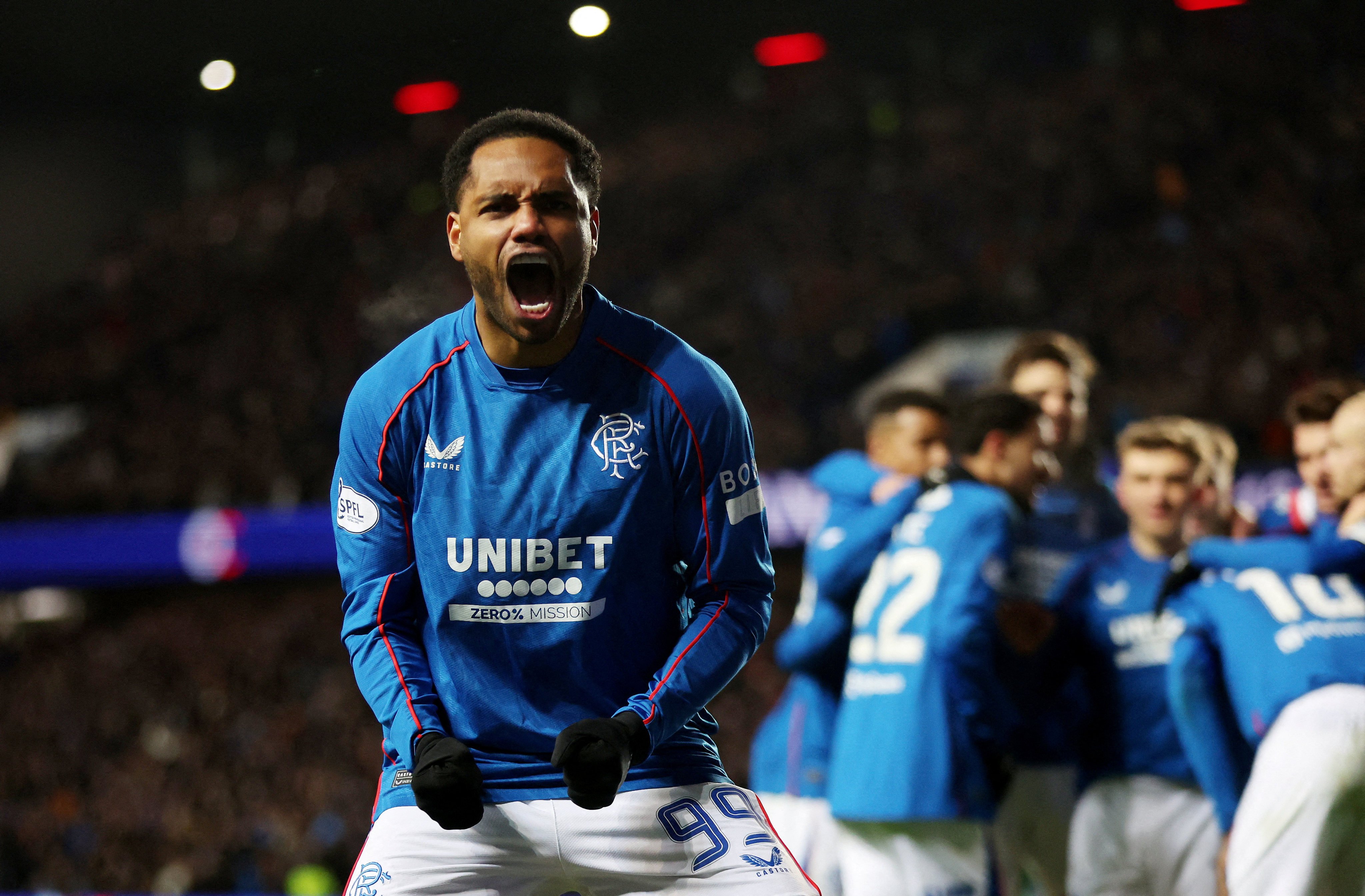 Danilo celebrates scoring his side’s third goal against Celtic at Ibrox. Photo: Reuters